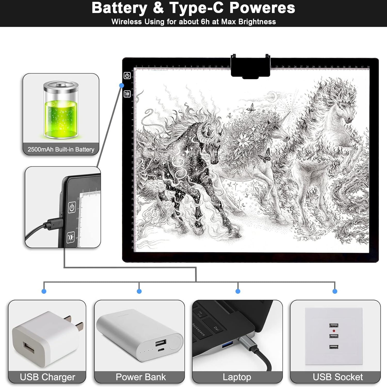 ASRAS A3 Led Light Pad with Carry Bag , 2500Mha Battery Powered , 3 Colors Stepless Dimmable 6 Levels of Brightness Light Box Tracing Light Box for Diamond Painting ,Built-In Stand, Magnet Clip image number 1