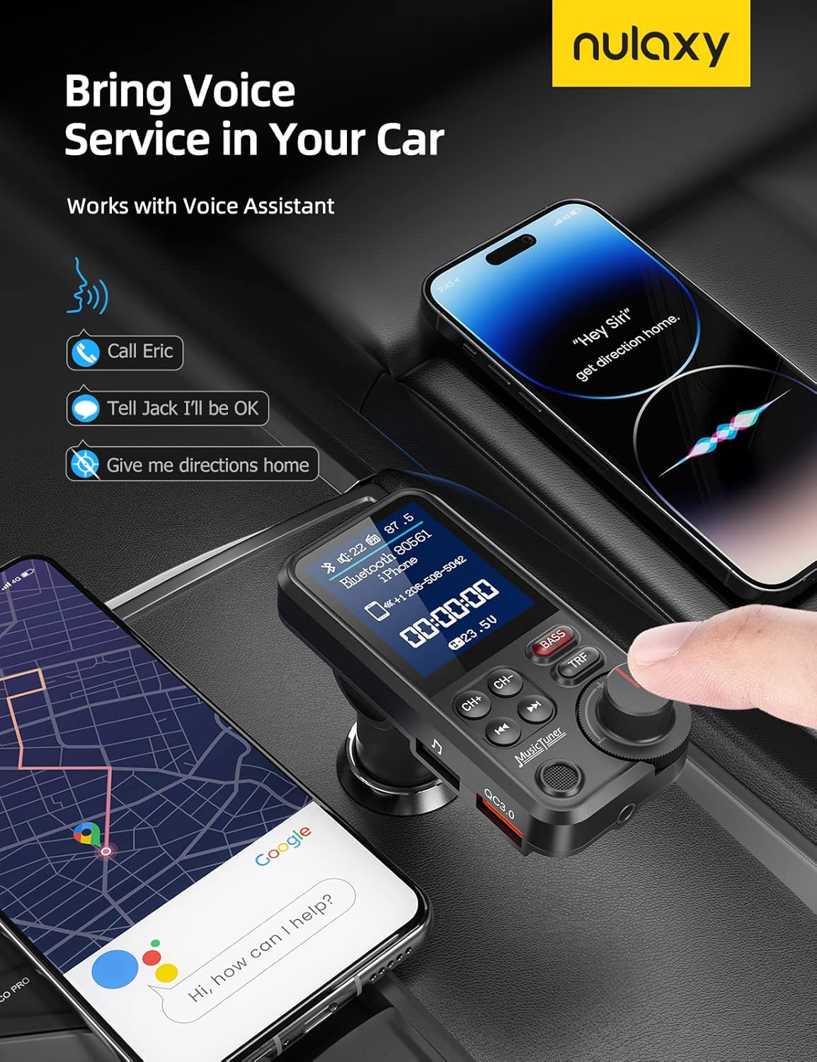 Nulaxy Car Bluetooth Transmitter, Strong Microphone Bluetooth Car Radio Adapter with 1.8" Color Screen for Hands Free Calls, Supports QC3.0 Charging, Treble and Bass Sound Music Player- KM30 image number 1