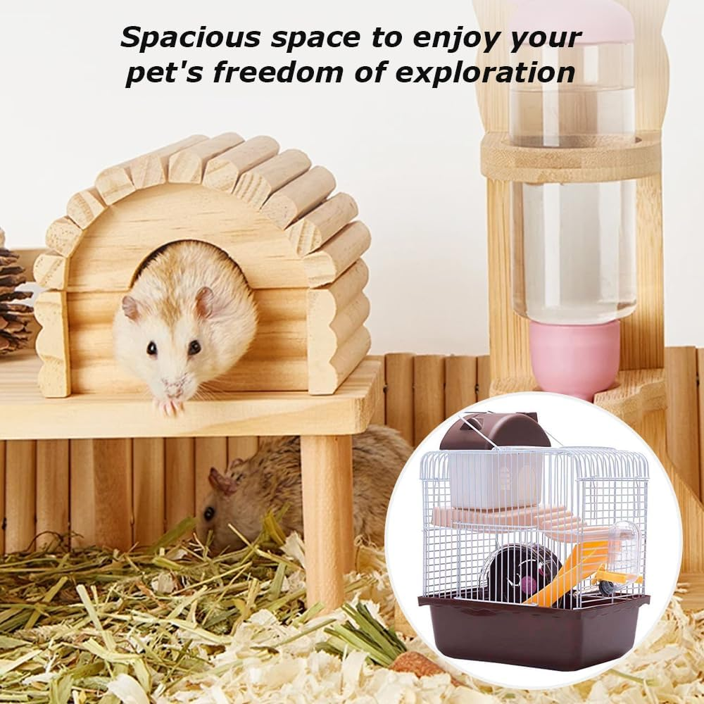 TOMVAES Hamster Cage, 2 Floors, Portable Travel Cage, Large Hamster Hutch, Castle Style, Interactive House, for Hamsters, Golden Polar Bear, Coffee and White, 23X17X30 Cm, PP, Wire image number 5