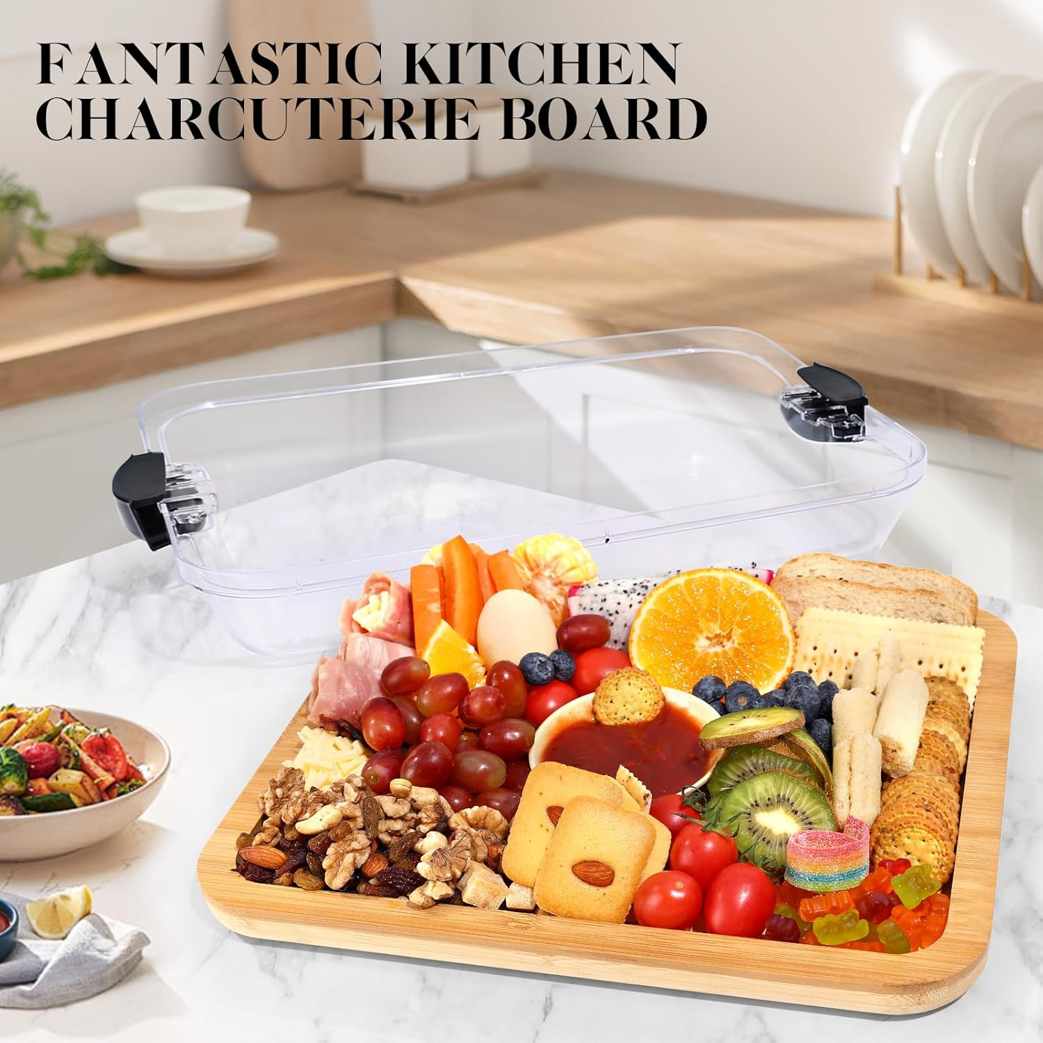 Feshory Premium Charcuterie Board with Clear Locking Lid for Appetizers & Snacks - Cheese Bamboo Board, Serving Tray Ideal for Food Lovers and Parties image number 5