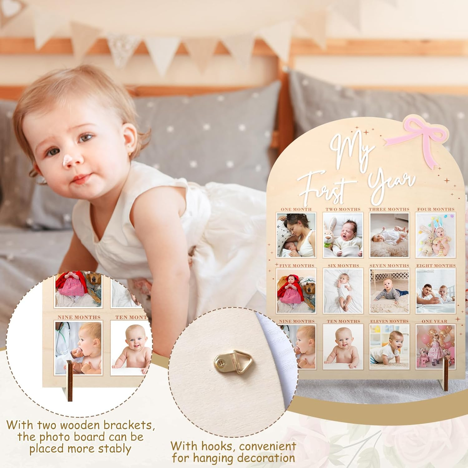 Weysat Pink Bow My First Year Photo Board, Wood 3D Coquette One Year of Photo 12 Months Monthly Milestone Board Picture Display Frame 1St Birthday Decorations Gift Bow Nursery Decor image number 5