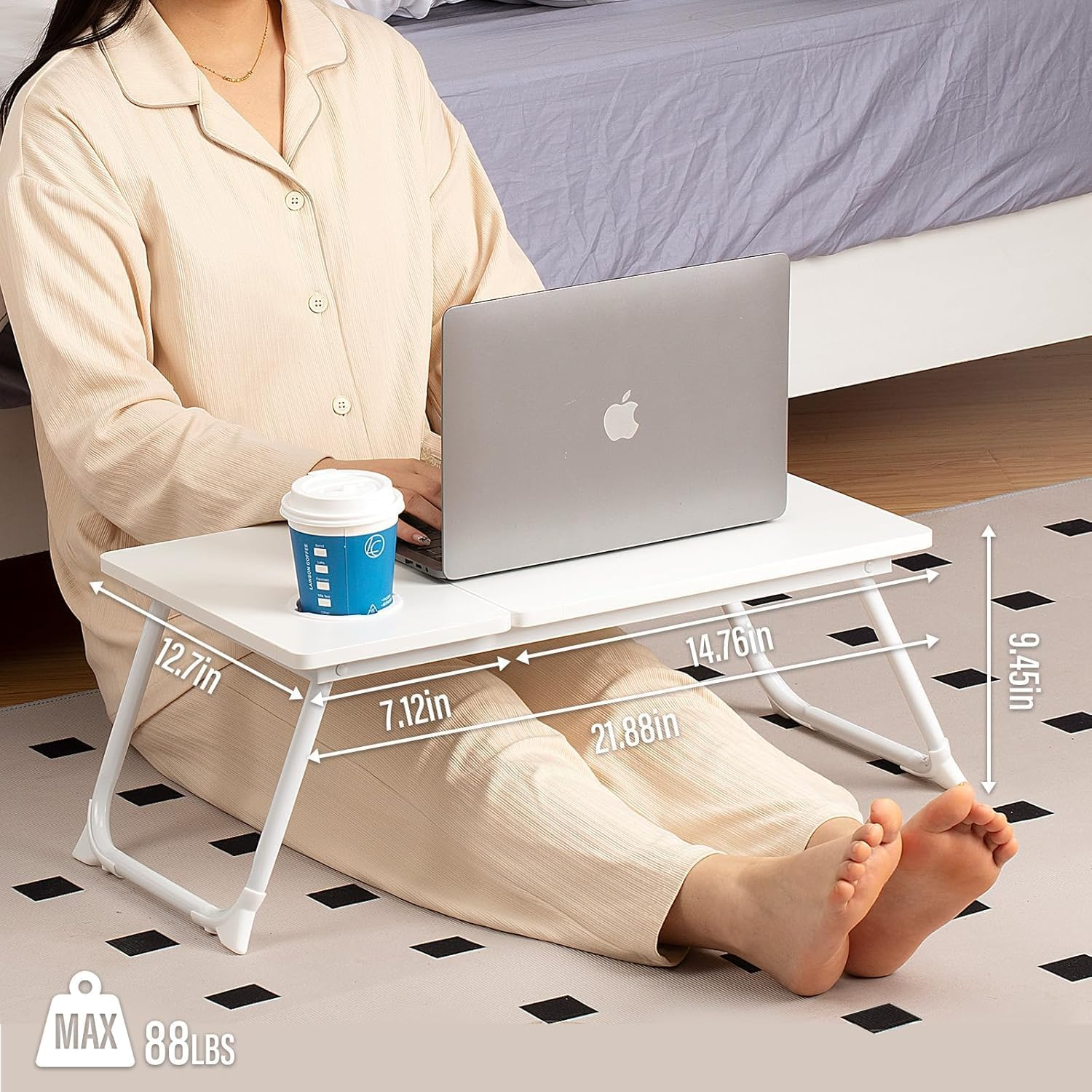 Folding Lap Desk, Foldable Laptop Stand Bed with Cup Holder,Portable & Lightweight,Lap Tablet Desk Breakfast Serving Tray for Sofa Couch (White) image number 2