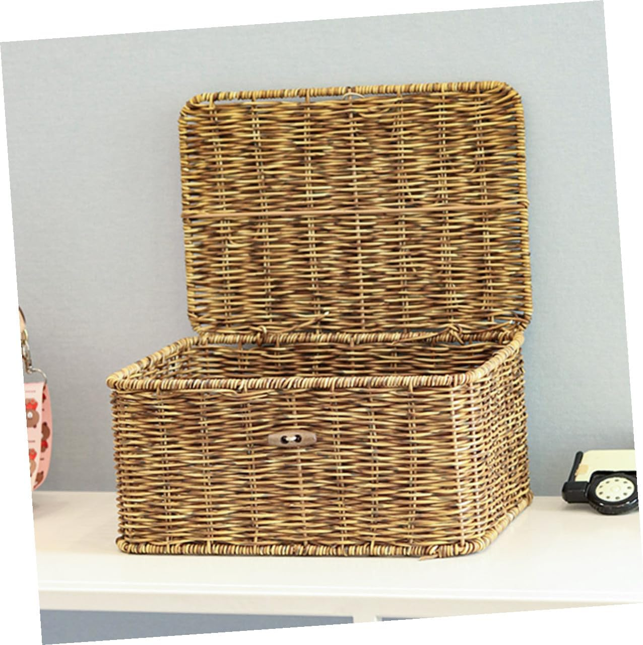 Generic Handwoven Decorative Storage Box with Lid Reinforced Iron Frame Natural Rattan Style Organizer for Desktop Cosmetics Magazines and Sundries Stylish Nordic Design for Home Tidiness image number 2