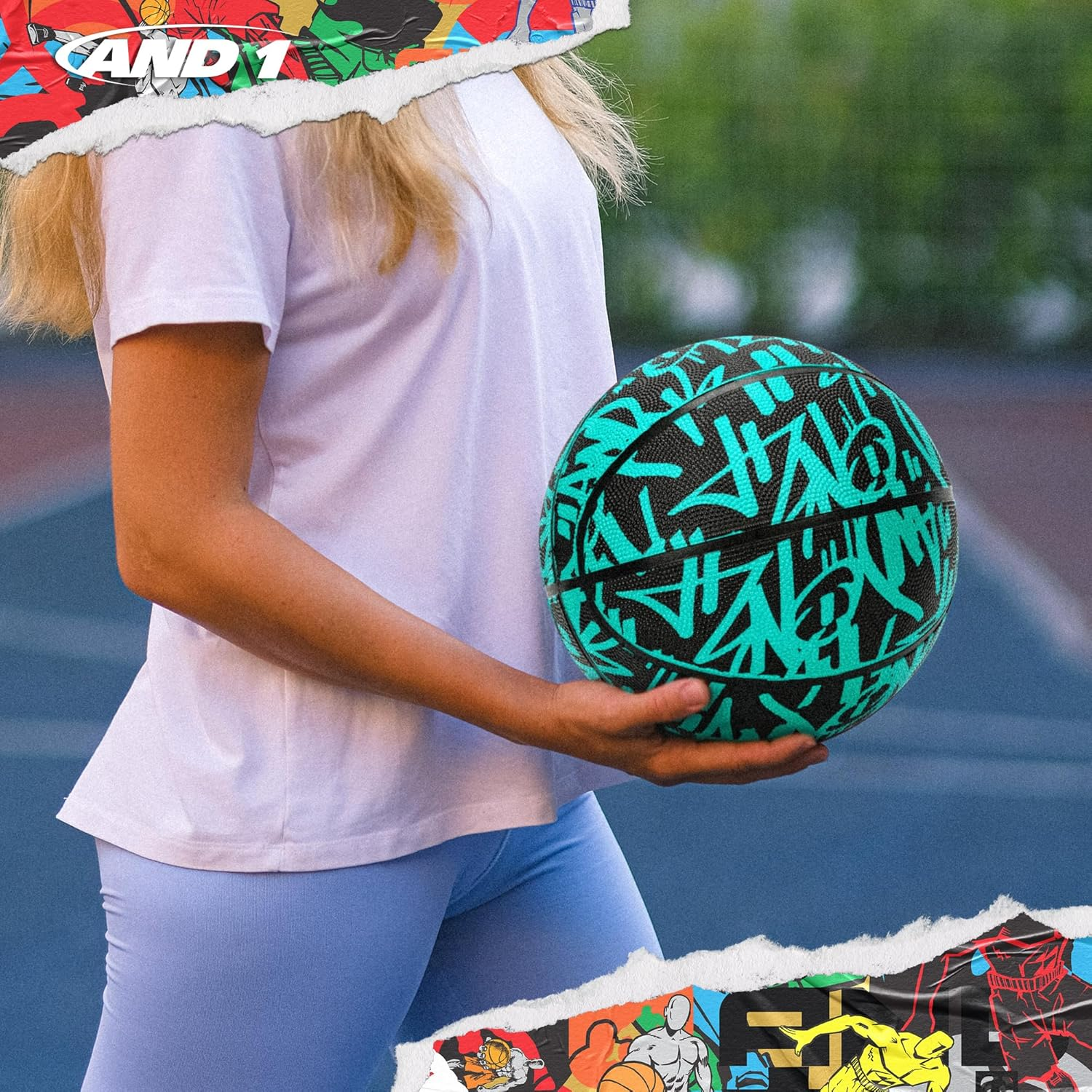 AND1 Street Ink 28.5 Basketball - Intermediate Rubber Streetball for Indoor/Outdoor Play, Includes Pump, Official Women'S High School, College, Size 6, for Girls & Women 12+ - Blue / Black image number 3
