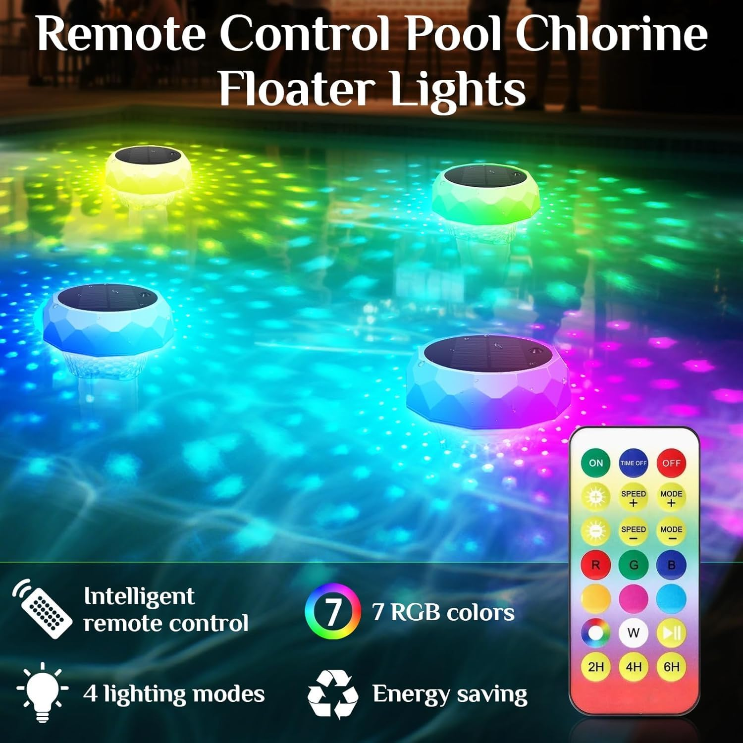 Solar Rechargeable Floating Pool Lights - IP68 Underwater Remote Control LED with Colorful Light Show & Timer, Solar Powered Waterproof Light for Inground Pool,Bathroom, Bathtub, Pool Party image number 2