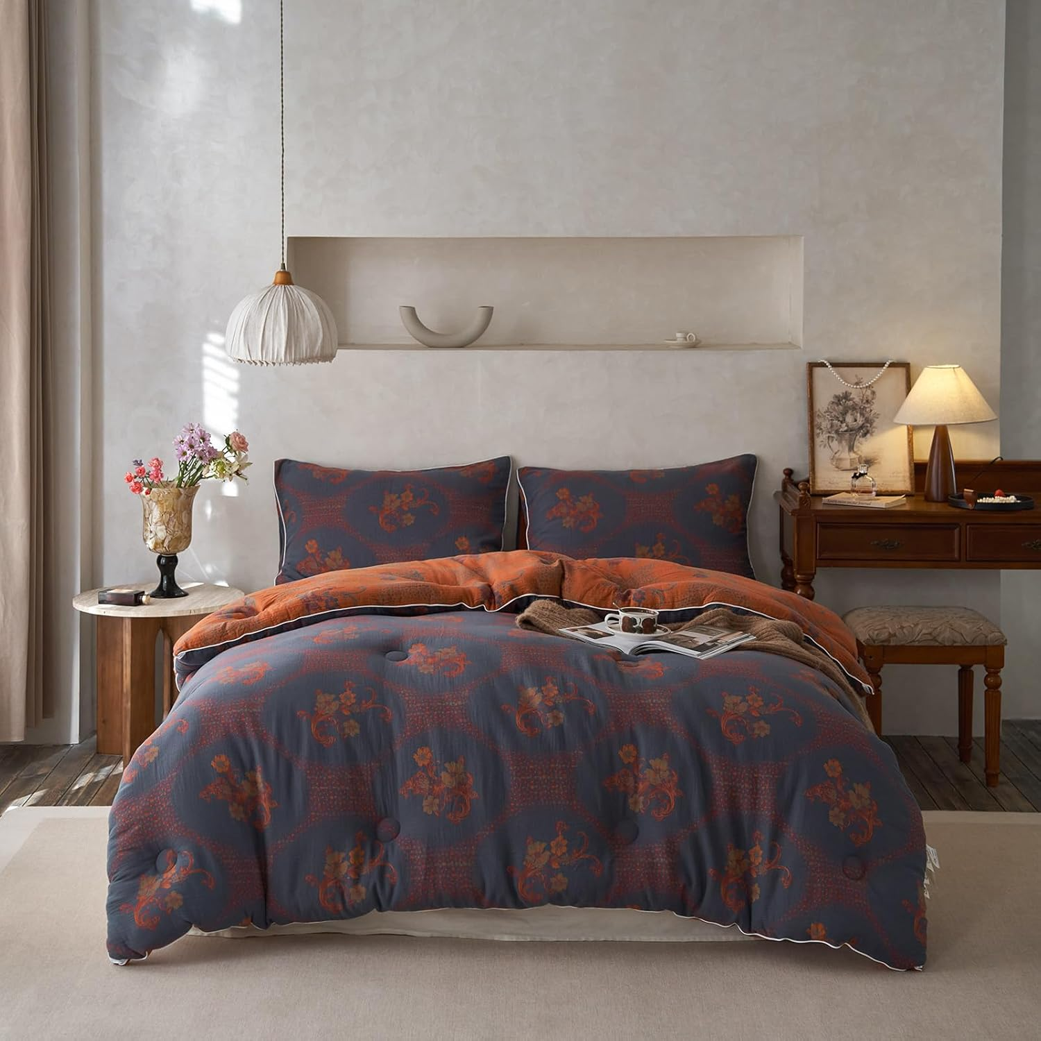 Mixinni Vintage Floral Comforter Set King Size, All Seasons Muslin Cotton Bedding Set, 3 Pieces Farmhouse Shabby Chic Jacquard Floral Comforter Set Perfect for Women and Men-Grayish Blue/Pumpkin image number 4