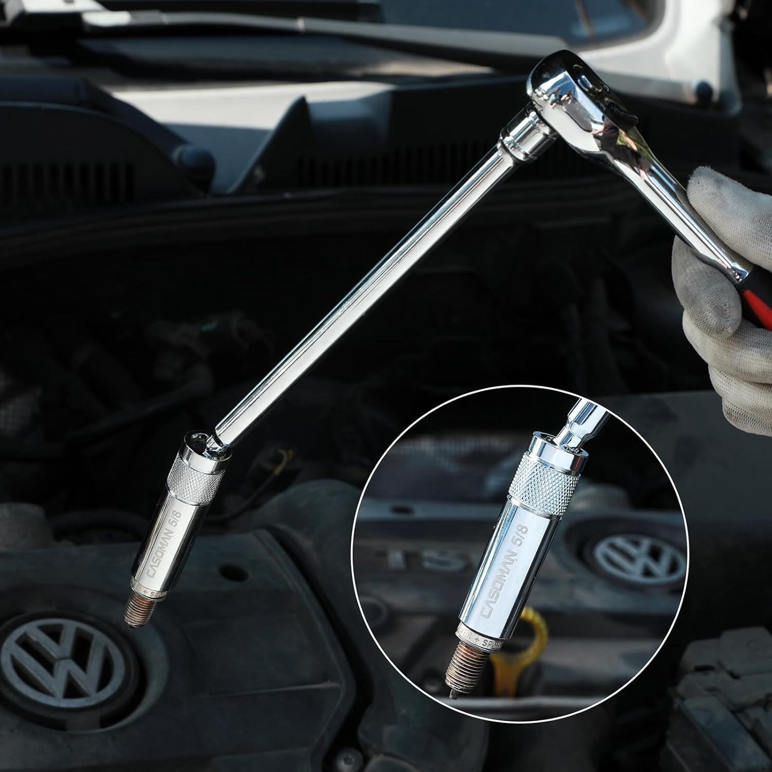 CASOMAN 6PCS 3/8-Inch Drive Magnetic Swivel Spark Plug Socket Set, Include 9/16-Inch, 5/8-Inch, 13/16-Inch, 14Mm Socket, Length: 4-Inch, 6-Inch, 11-Inch, 12-Point, CR-V image number 5