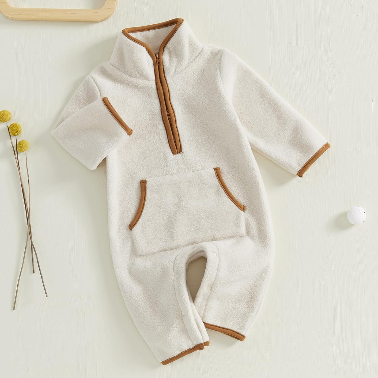 Bemeyourbbs Newborn Baby Boy Girl Winter Clothes Warm Zipper Fleece Romper with Pockets Long Sleeve Jumpsuit One Piece Outfit image number 5