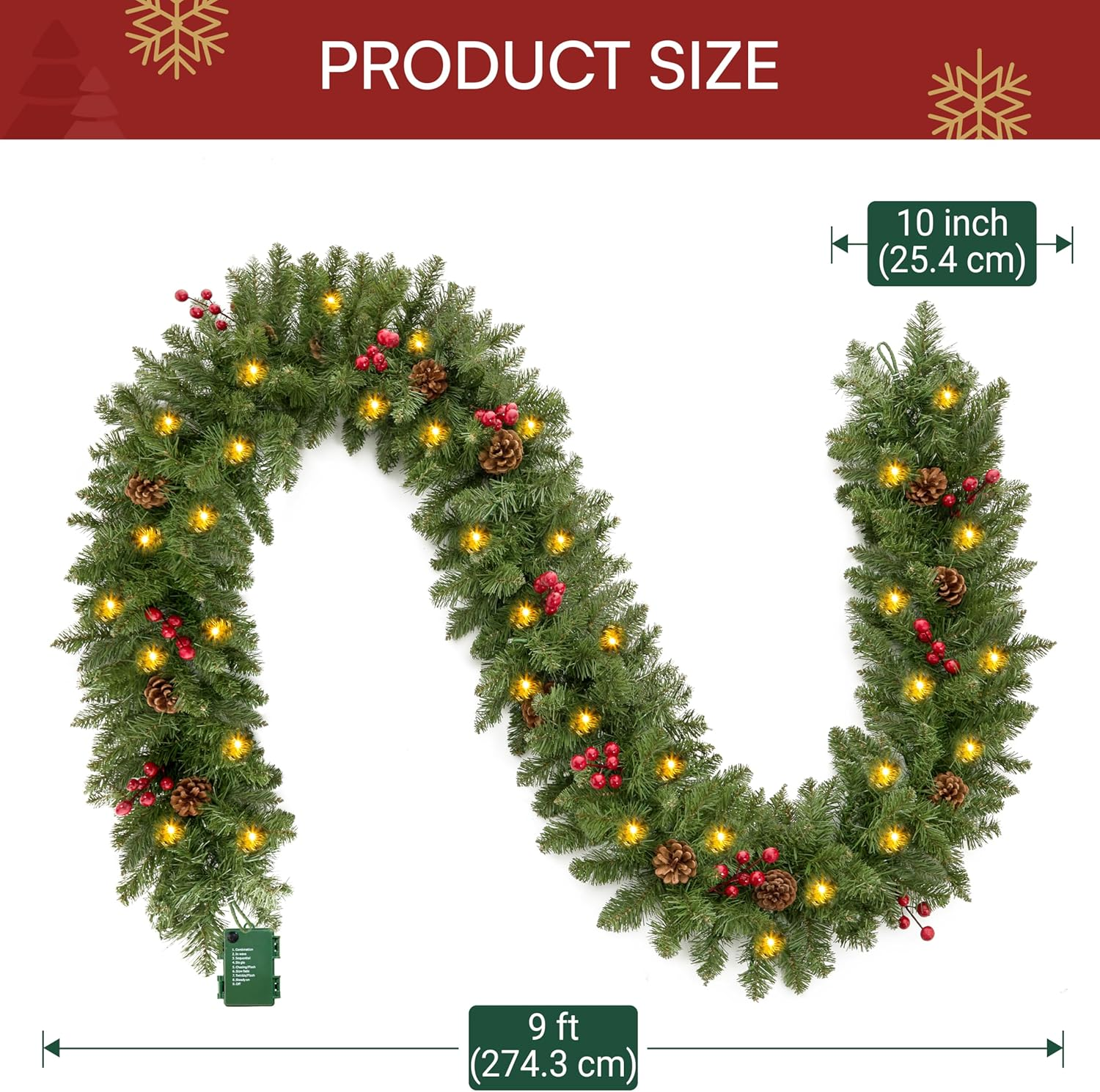 Joiedomi 9Ft Artificial Christmas Garland Prelit with 100 LED Lights, 27 Pine Cones, 27 Red Berries for Home & Office Christmas Decorations (Battery Powered, Batteries Not Included) image number 2
