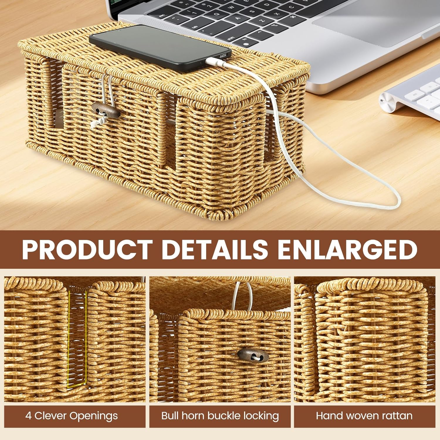 Handmade Rattan Cable Management Box,3 Open Slots Cords Hider Boxs, Safe Practical Cords Holder Functional Cable Organizer Solid under Desk Cord Hider Box for Home Using image number 6