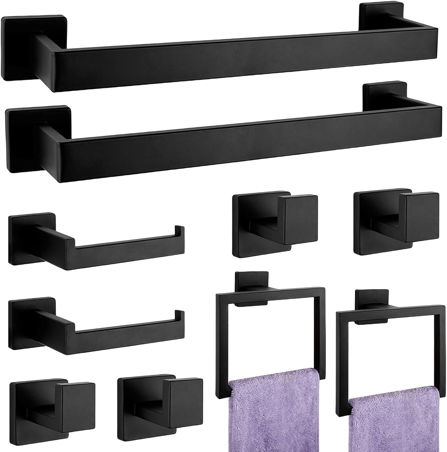 5-Pieces Matte Black Bathroom Hardware Accessories Set, SUS304 Stainless Steel Bath Towel Bar Set, Towel Racks for Bathroom Wall Mounted.