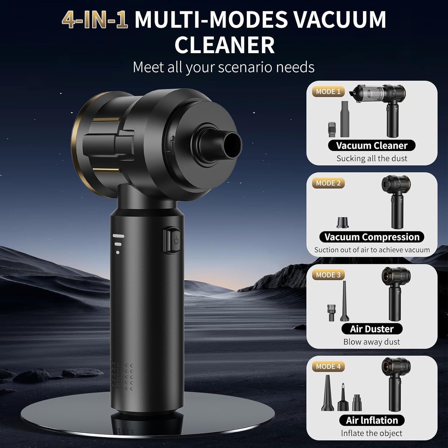 Koreal 4 in 1 Car Vacuum Cleaner, 16000PA High Power Suction Vacuum Cleaner Cordless,100W Brushless Motor Handheld Vacuum with 6000Mah Battery, LED Light, Multi Nozzles for Car, Home, Office, Pet image number 2