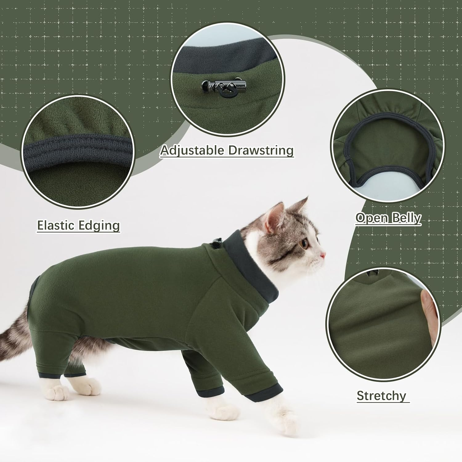 Kitten Clothes, Soft Pajama Winter Jacket Kitten Onesie Overall Four-Legged Warm Clothes Cat Recovery Suit Female after Surgery Hair Sticky Onesie(Army Green, XS) image number 4