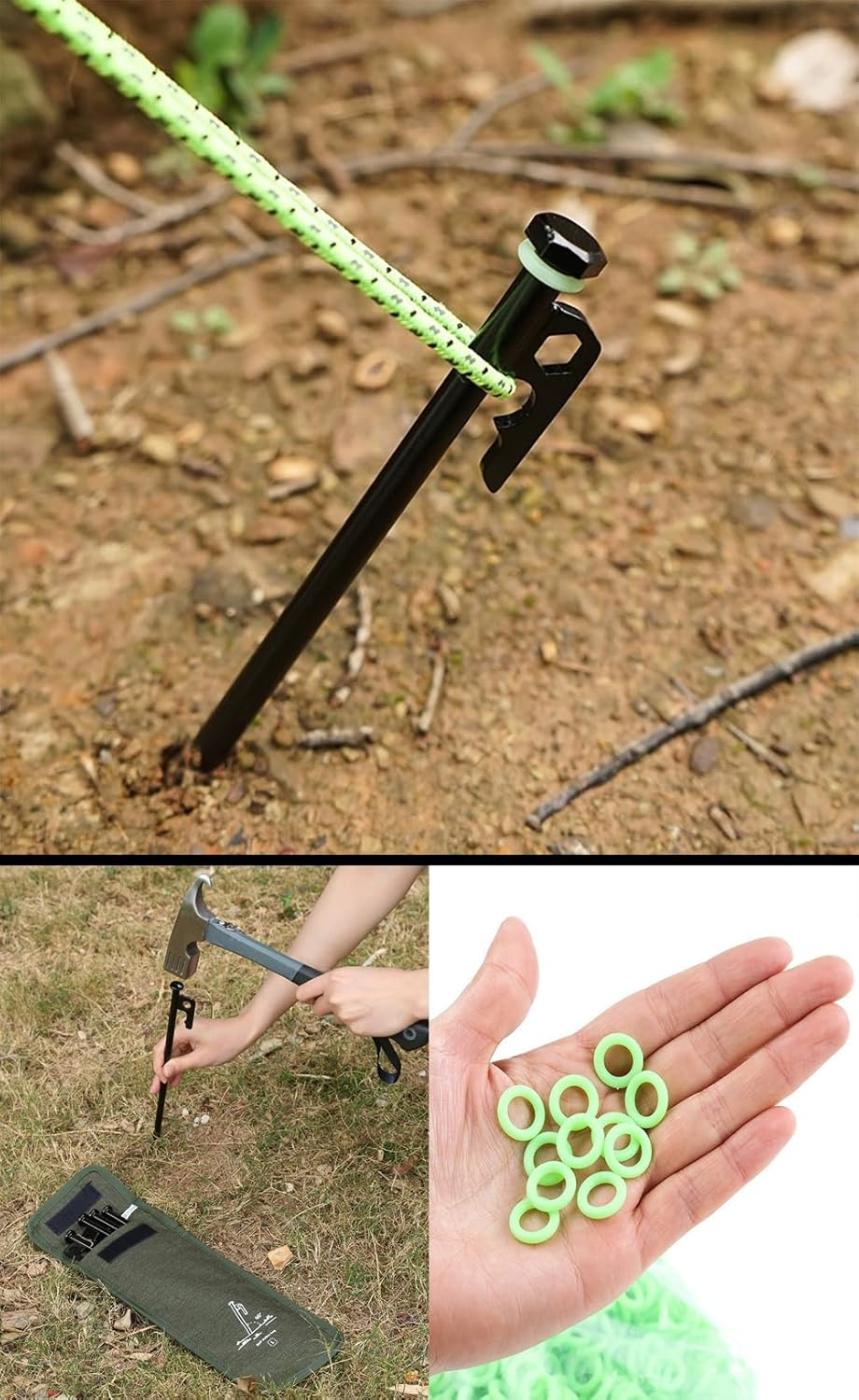 21 Pcs 25Cm Carbon Steel Tent Stakes Kit- 10 Heavy Duty Metal Tent Pegs W/ 10 Glow Rings & 1 Storage Bag-Camping Stake Peg Accessories,Durable Ground Anchors for Yard Outdoor Canopy Tarp