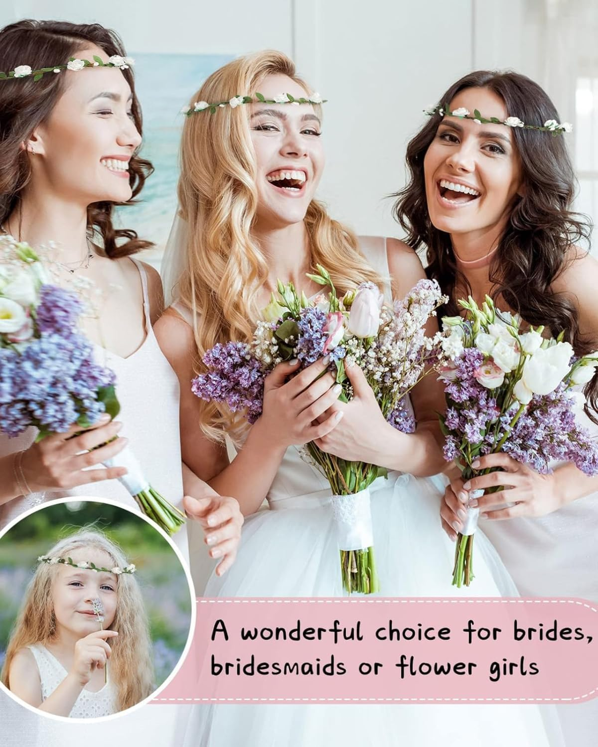 WUNZILO 8 Pcs Flower Wreath Flower Crown Girls Multicoloured Bohemian Floral Garland Headdress Headband Hair Band for Birthday Party Wedding Bride Bridesmaid image number 1