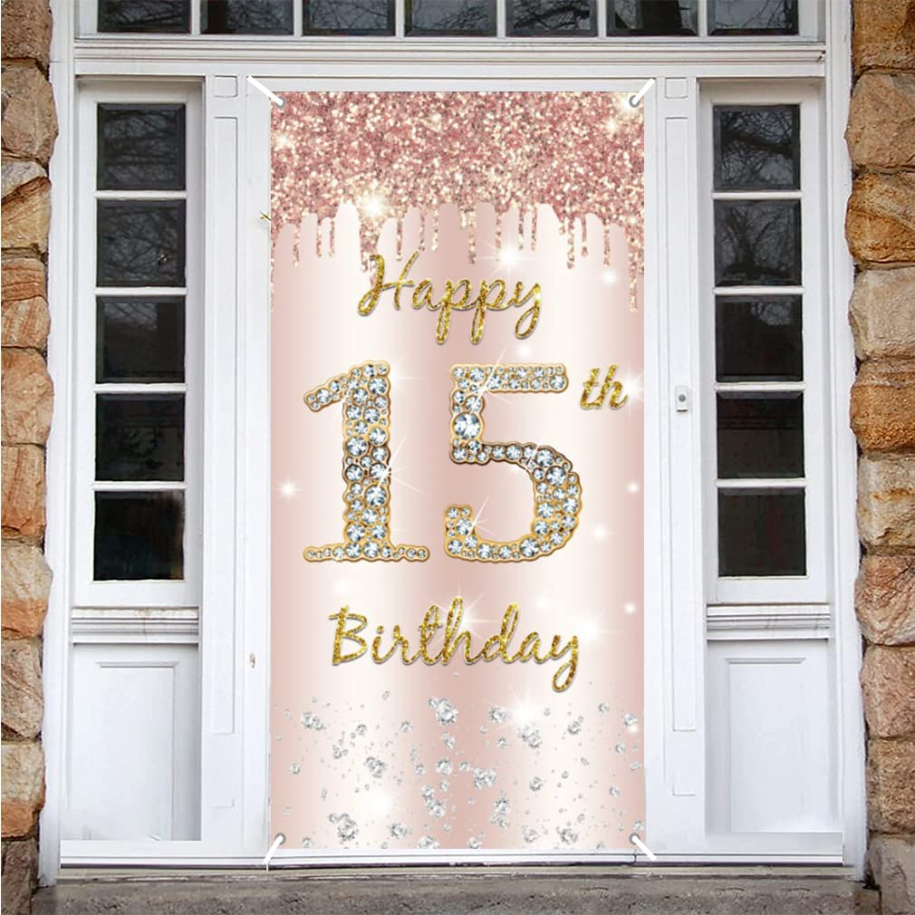 15Th Birthday Decorations for Girl, Happy 15Th Birthday Backdrop Banner Rosegold Fabric Sign Poster Door Banner Party Welcome Sign