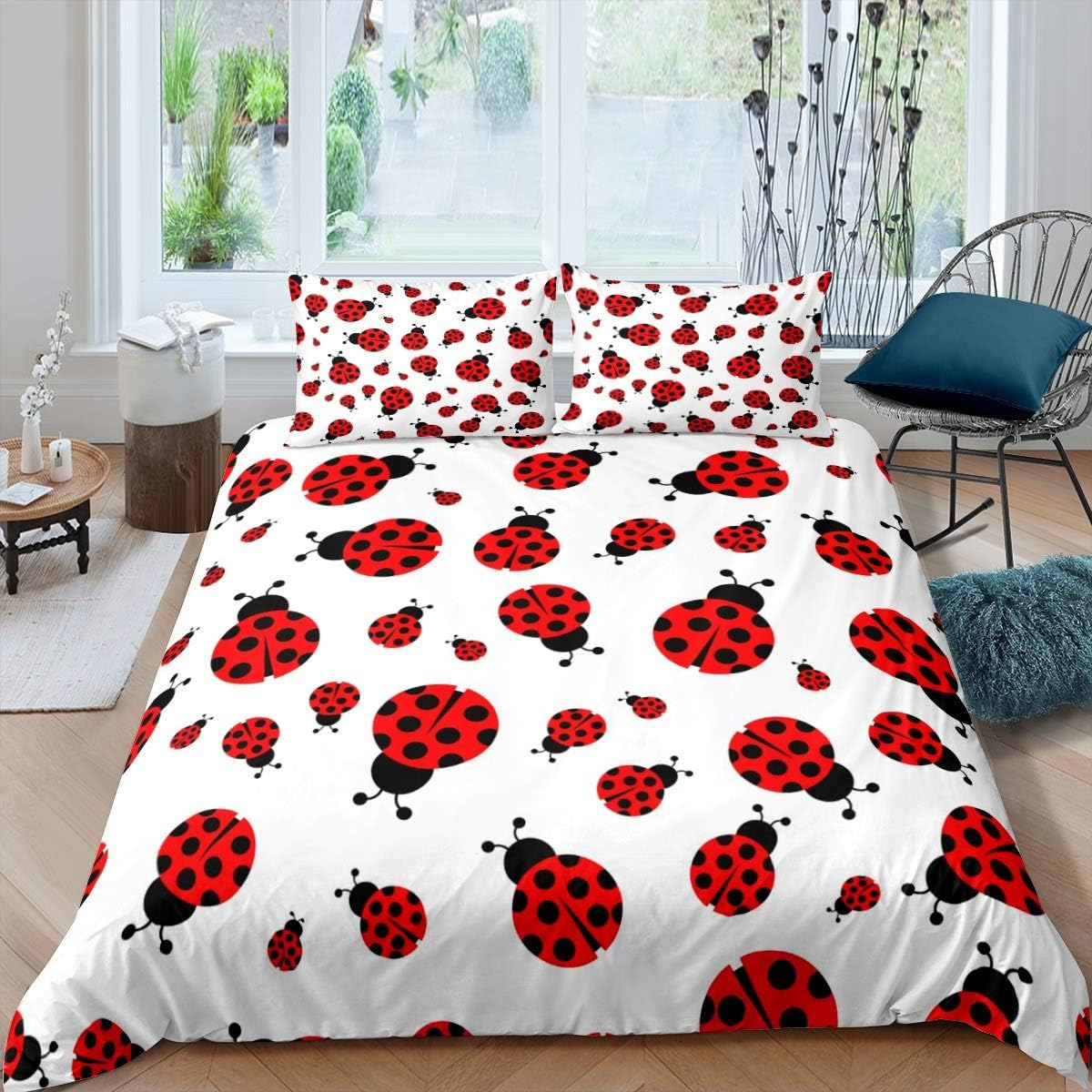 Feelyou Ladybug Duvet Cover 3D Ladybug Printed Bedding Set for Kids Boys Girls Flying Insects Comforter Cover Entomology Bedspread Cover Bedroom Collection 3Pcs Full Size image number 1
