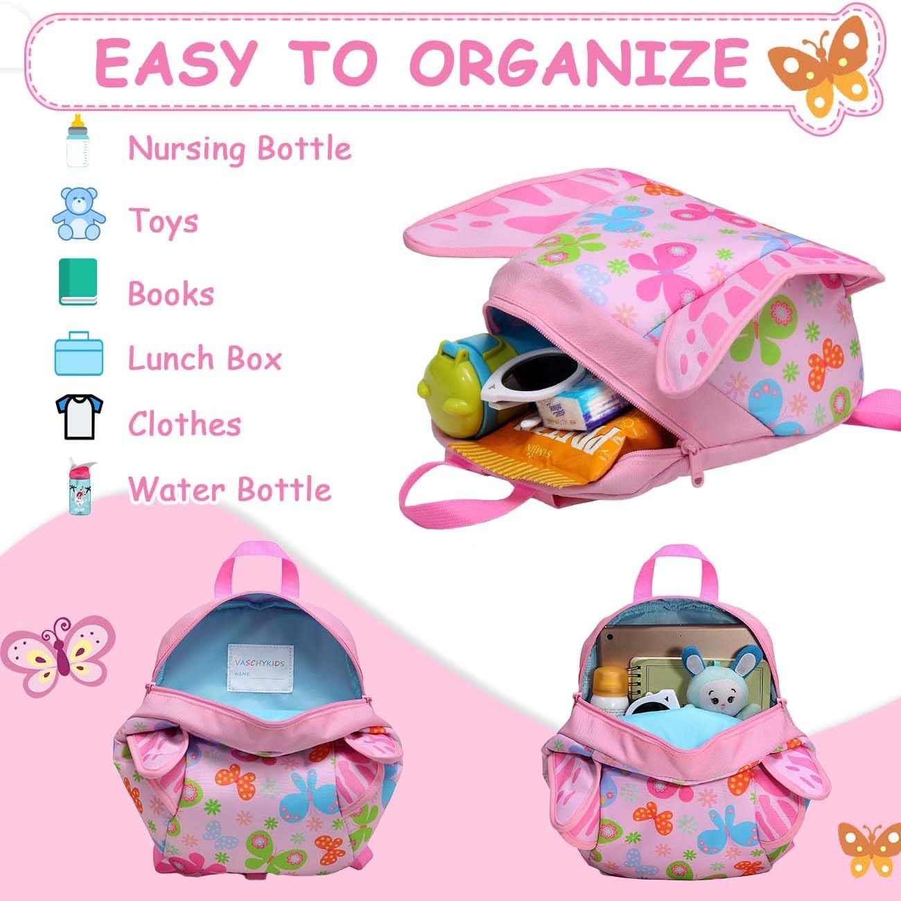 Mini Toddler Backpack with Leash,Vaschy Ultra Lightweight Tiny Little Kids Preschool Backpack Daycare School Bags for Boys,Grils - Butterflies image number 6