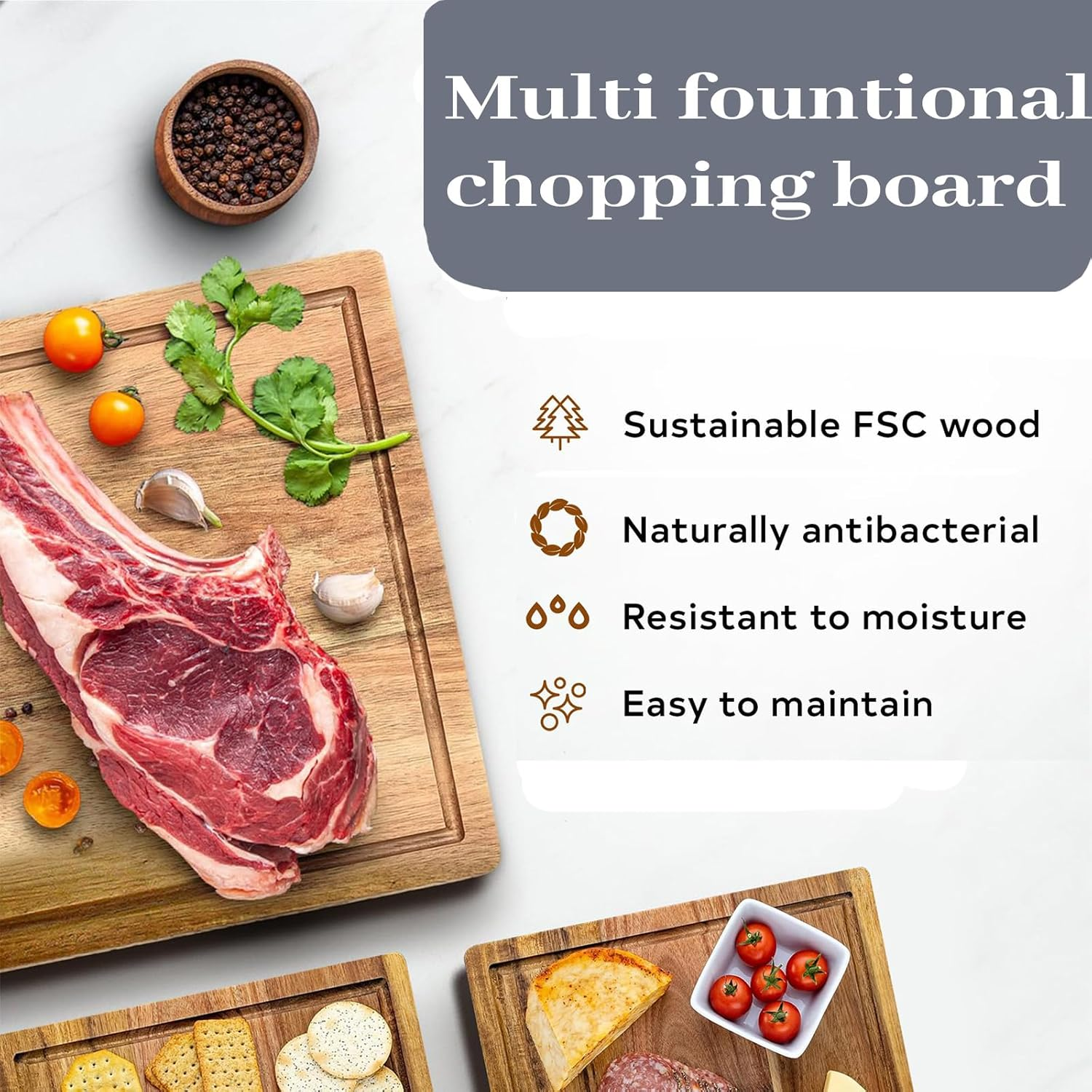 Acacia Wooden Chopping Boards for Kitchen, Cutting Board Set of 3, Reversible Wooden Cutting Board Set with Handle, Butcher Block Wooden Trays for Meat, Fruit Vegetable and Cheese image number 4