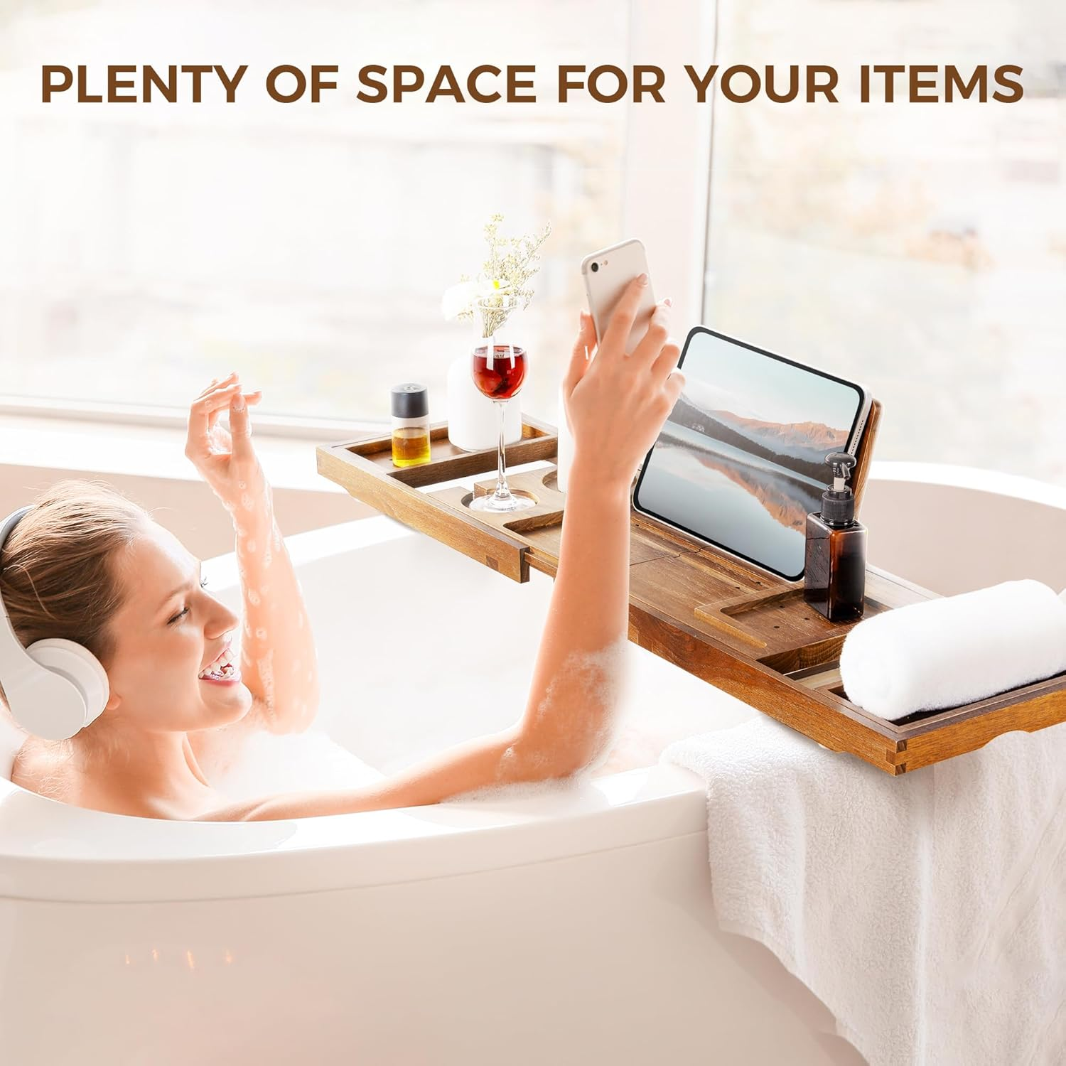 Teak Bathtub Tray - Luxury Bath Tray with Expandable Handles, Wine Glass and Phone Holders, Book Stand - Perfect for Home Spa Relaxation and Reading - Natural Bath Accessories - Light Walnut Color - Light Walnut image number 4