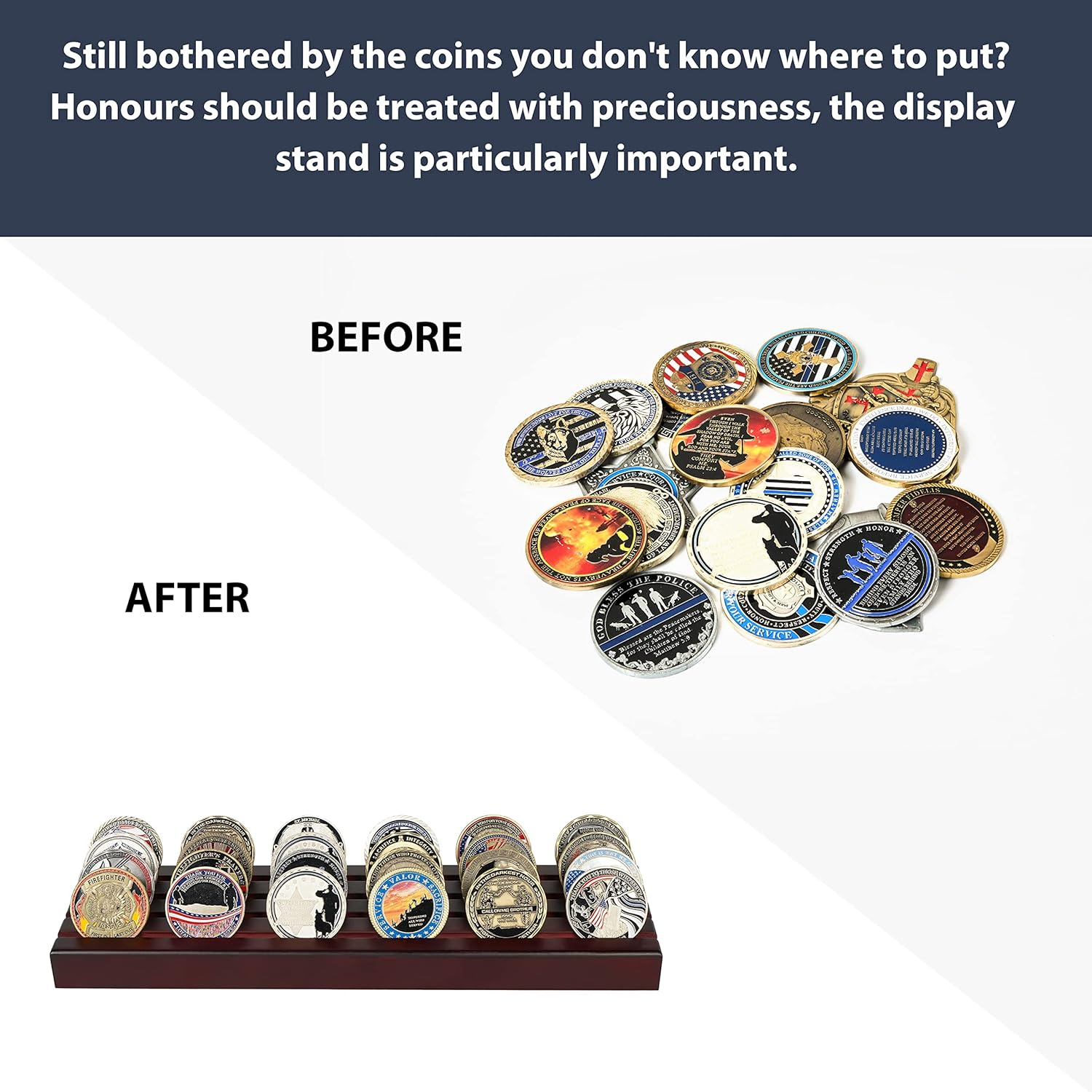 Challenge Coin Display Stand 4 Rows Wooden Military Coin Holder Rack Case Holds 30 Coins, Mahogany Finish