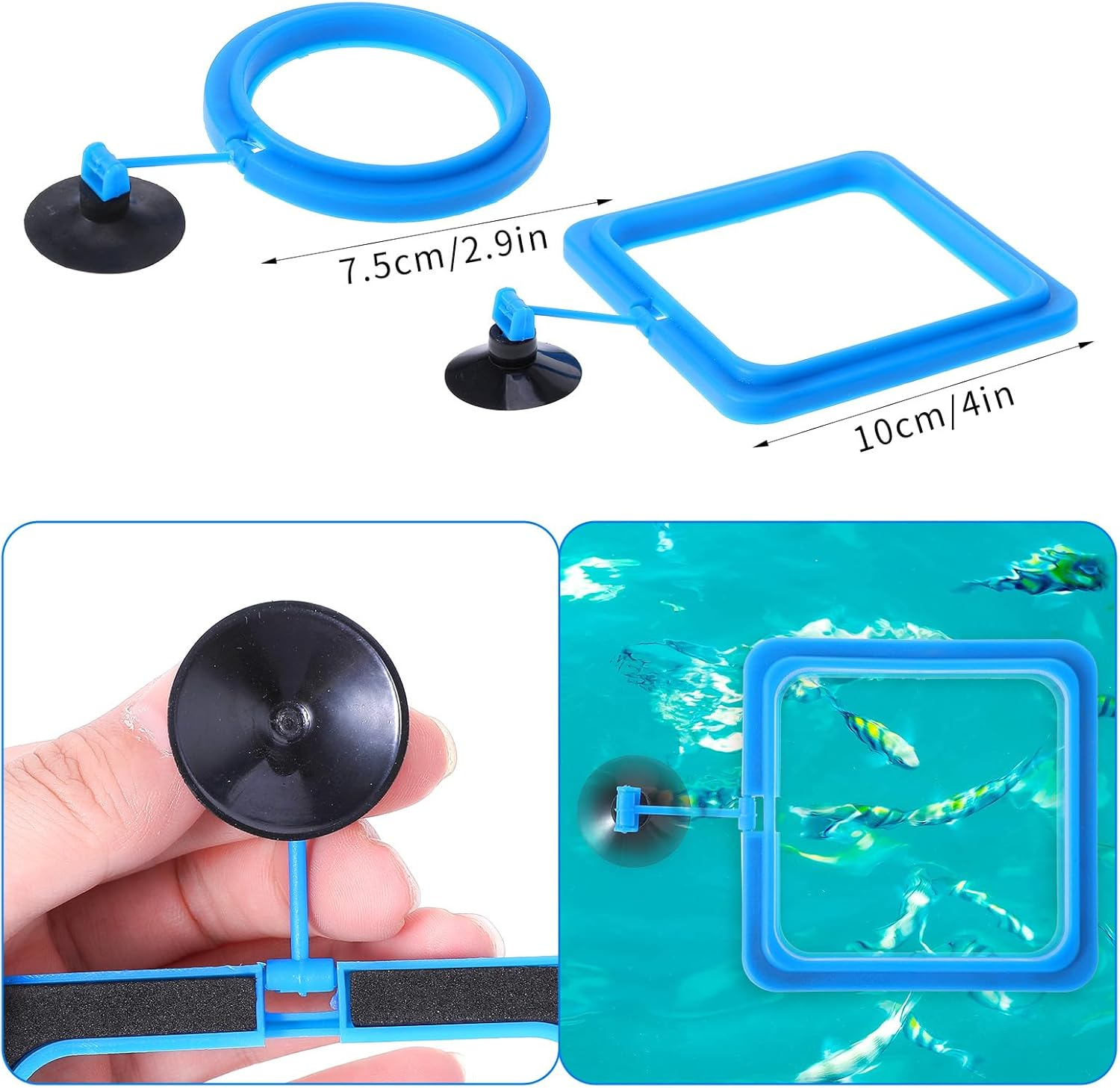 2 Pcs Fish Feeding Rings, Bule Aquarium Floating Plant Rings Fish Feeder Food Feeder Circle round and Square Aquarium Accessories for Bettas Guppy Goldfish Floating Plants in Place image number 3