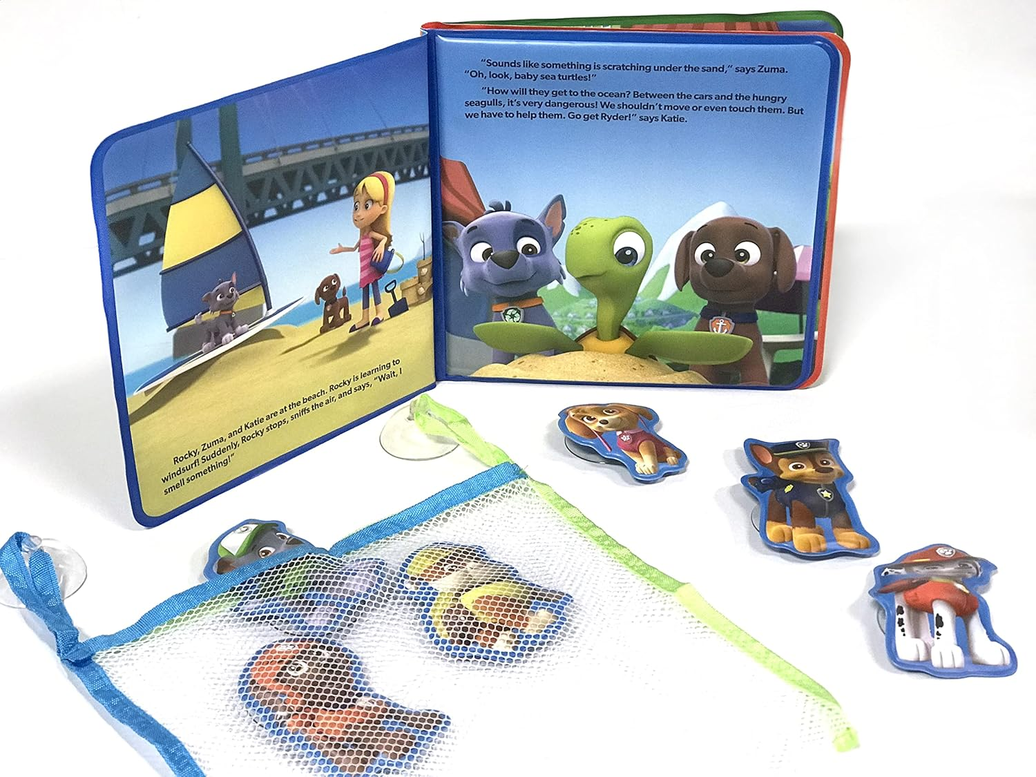 Paw Patrol the Pups save the Sea Turtles Bath Time Books - Activity Books for Kids, Bath Book, 6 Padded Suction Cups, 1 Mesh Bag: with Suction Cups and Mesh Bag image number 3