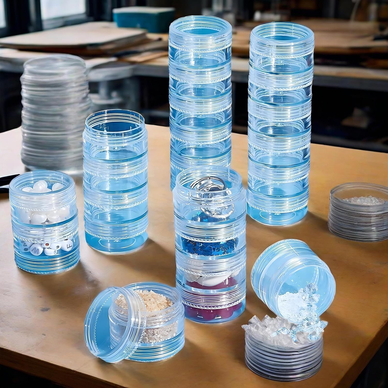 4 Set 6 Layer Clear Stackable round Plastic Containers,Small Plastic Containers for Beads, Nail Glitter, Cosmetic Samples, Travel & Home Organization image number 3