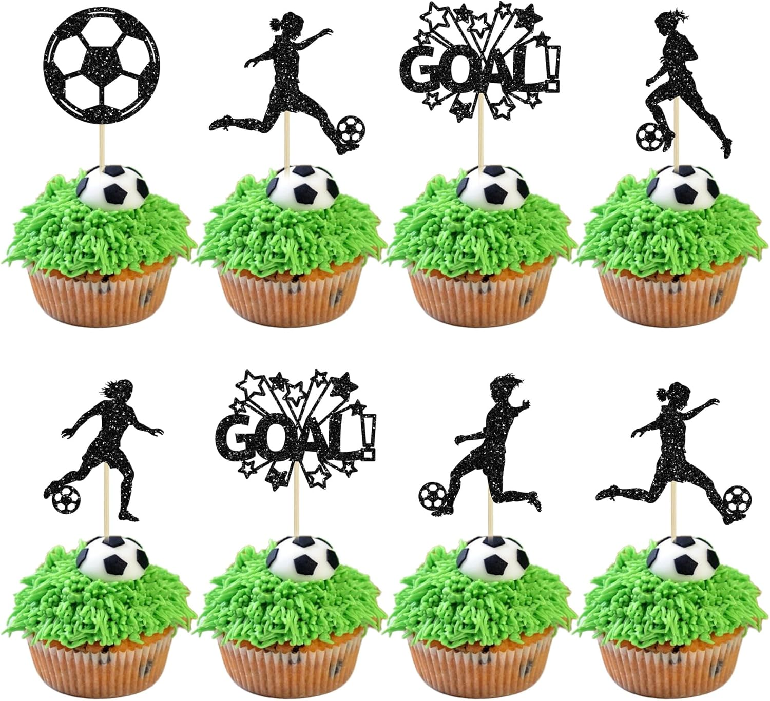 Ephlyn 24Pcs Soccer Cupcake Toppers Glitter Women Girl Football Cake Decorations Sports Theme Cupcake Picks for Soccer Party Decoration Baby Shower Cake Decoration