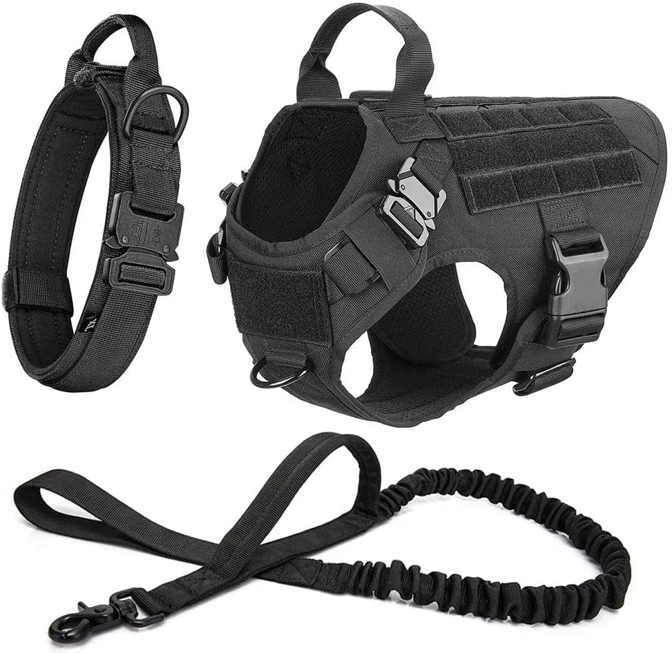 Adjustable Nylon Dog Harness Collar and Leash Set Pet Camping Hunting Training Dog Harness Collar and Leash Set Military Tactical Large Dog Harness Collar and Leash Set,Black Set,L