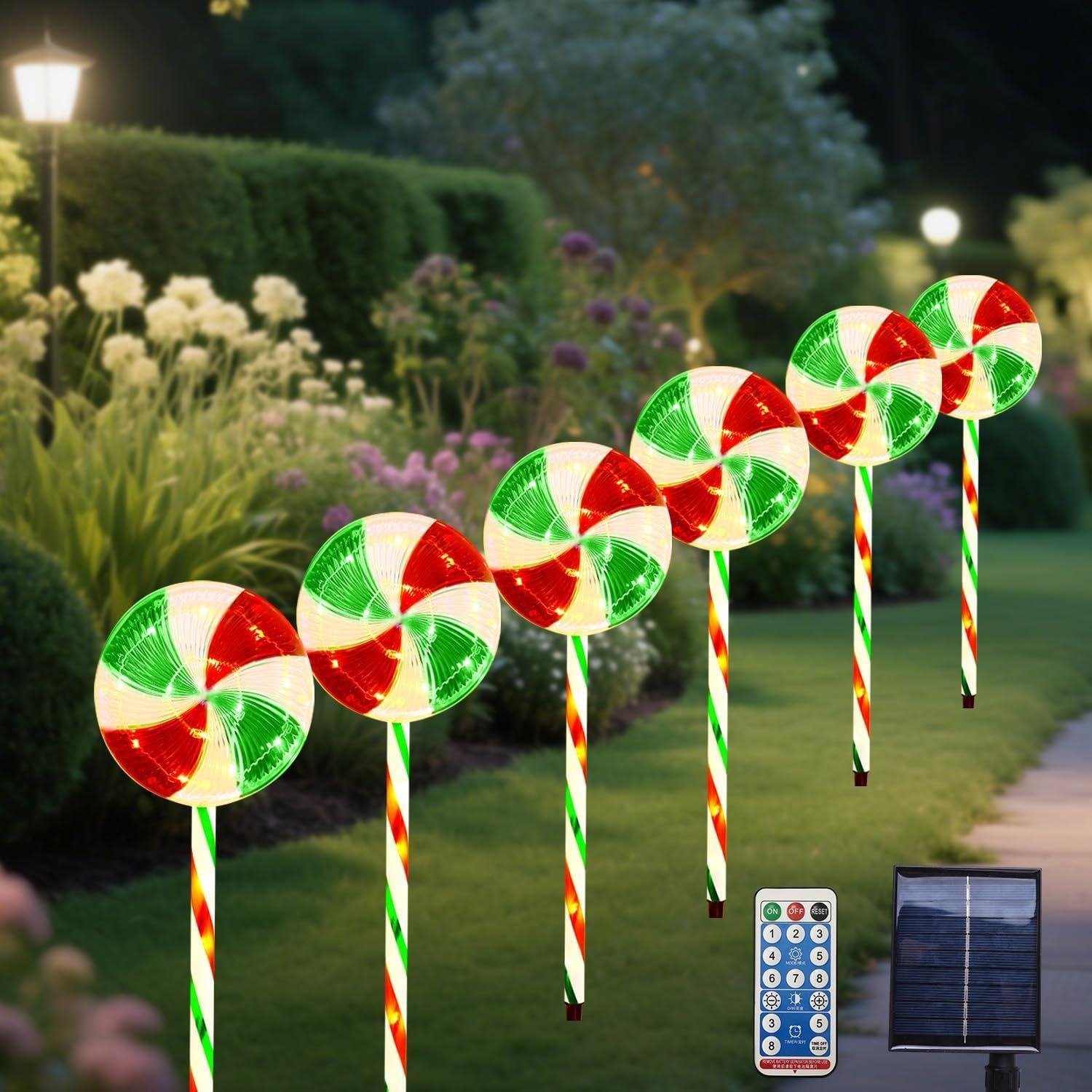 QINER Christmas Solar Lollipop Lights, 4 Pcs with 8 Modes, Green, Warm White, Outdoor Holiday Decoration, Pathway Lighting image number 1