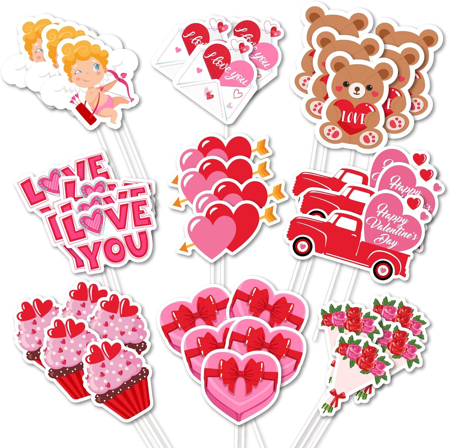 Whaline 72Pcs Valentine'S Day Cupcake Toppers 9 Designs Heart Bear Cupid Cake Toppers Cute Party Cupcake Toppers with Sticks and Glue Point for Valentine'S Day Birthday Anniversary Party Supplies image number 5