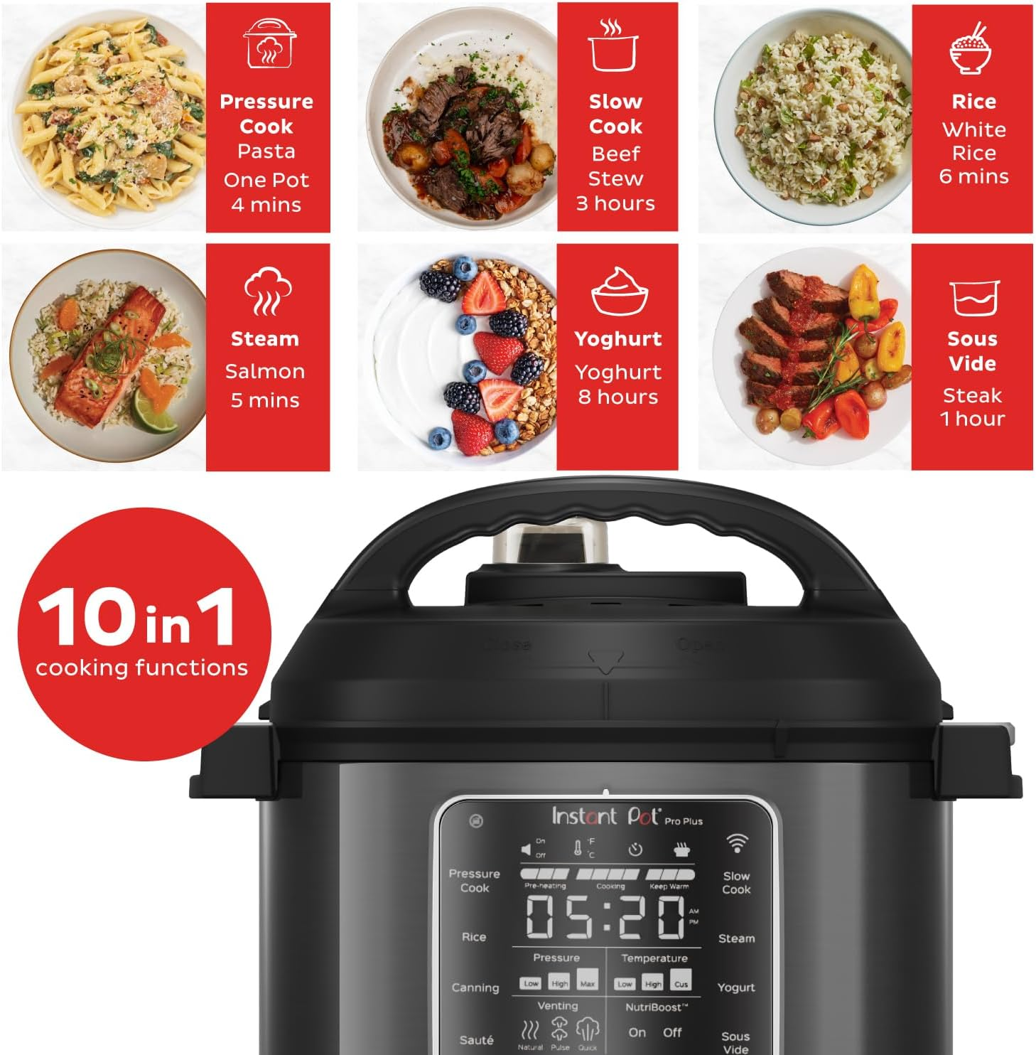 Instant Pot Pro plus Wi-Fi Smart 10-In-1, Pressure Cooker, Slow Cooker, Rice Cooker, Steamer, Saut&eacute; Pan, Yogurt Maker, Warmer, and More, Includes App with over 800 Recipes, 5.7 Litre Capacity