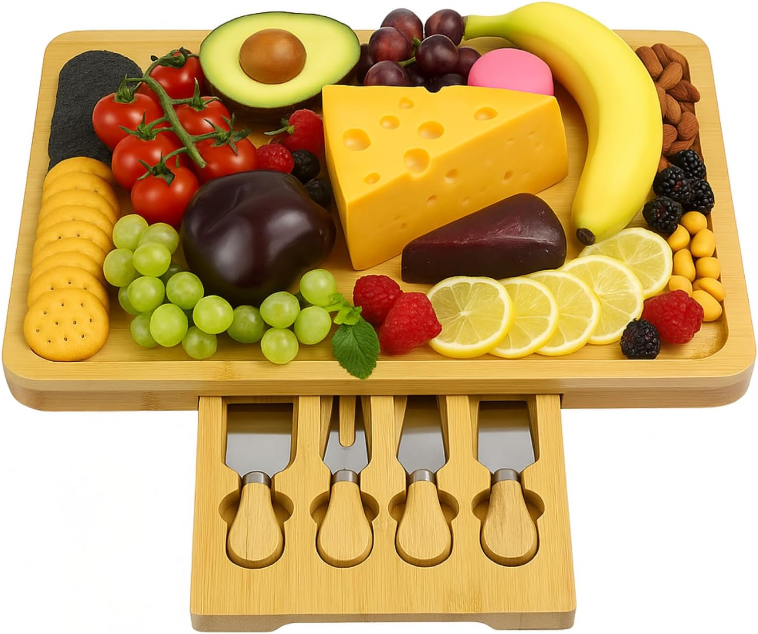 Premium Bamboo Cheese Board Gift Set Large Charcuterie Board with Slide-Out Drawer, Stainless Steel Knives & Accessories Ideal Gift - Housewarming, Weddings, Parties Present for Wife, Mum