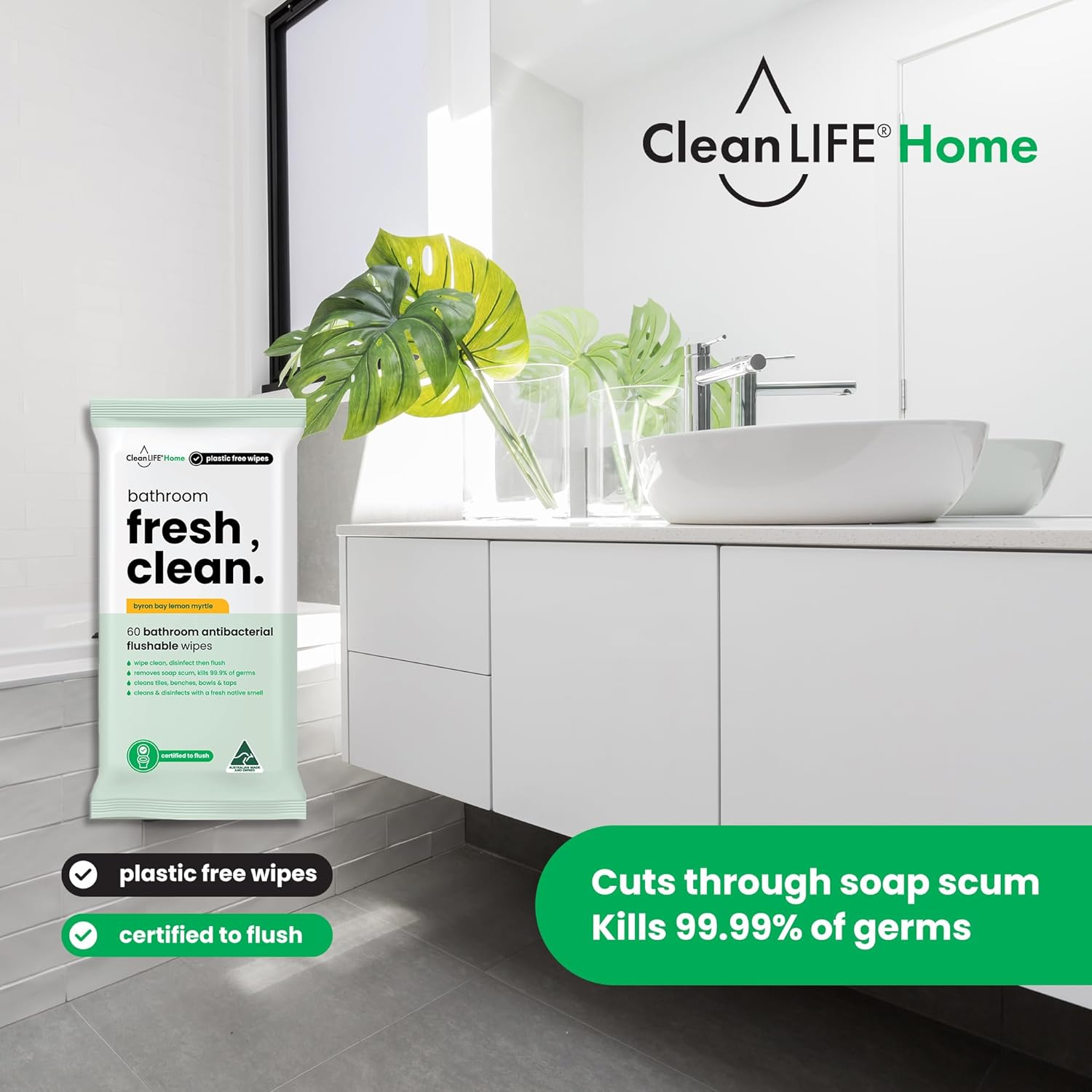 Cleanlife Flushable Bathroom Wipes &ndash; Biodegradable Chemical-Free Cleaning, Plant-Based, Natural Eucalyptus Scent, Septic Safe, Eco Friendly, 60 Wipes image number 2