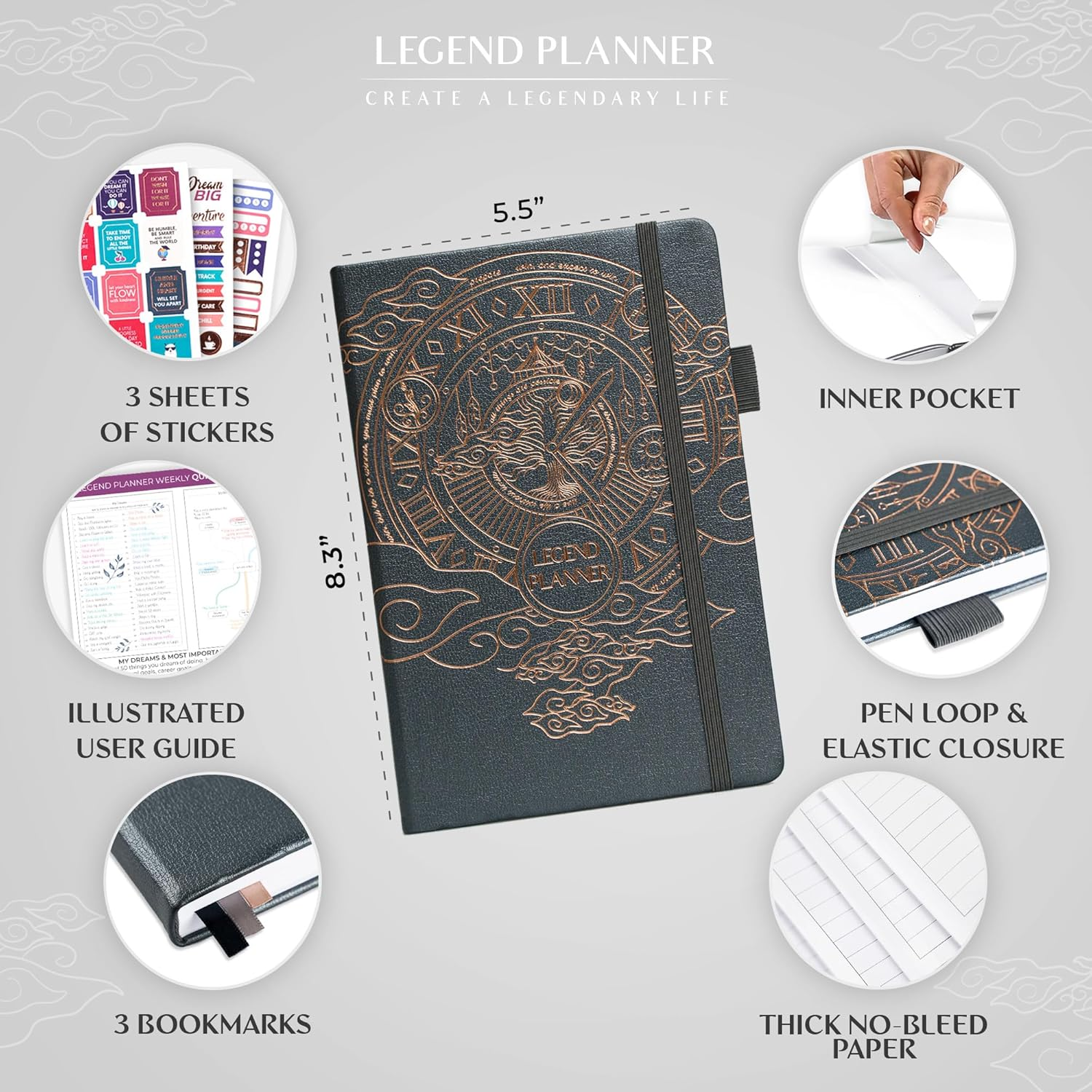 Legend Planner &ndash; Deluxe Weekly & Monthly Life Planner to Hit Your Goals & Live Happier. Organizer Notebook & Productivity Journal. A5 Hardcover, Undated &ndash; Start Any Time + Stickers &ndash; Mystic Gray image number 6