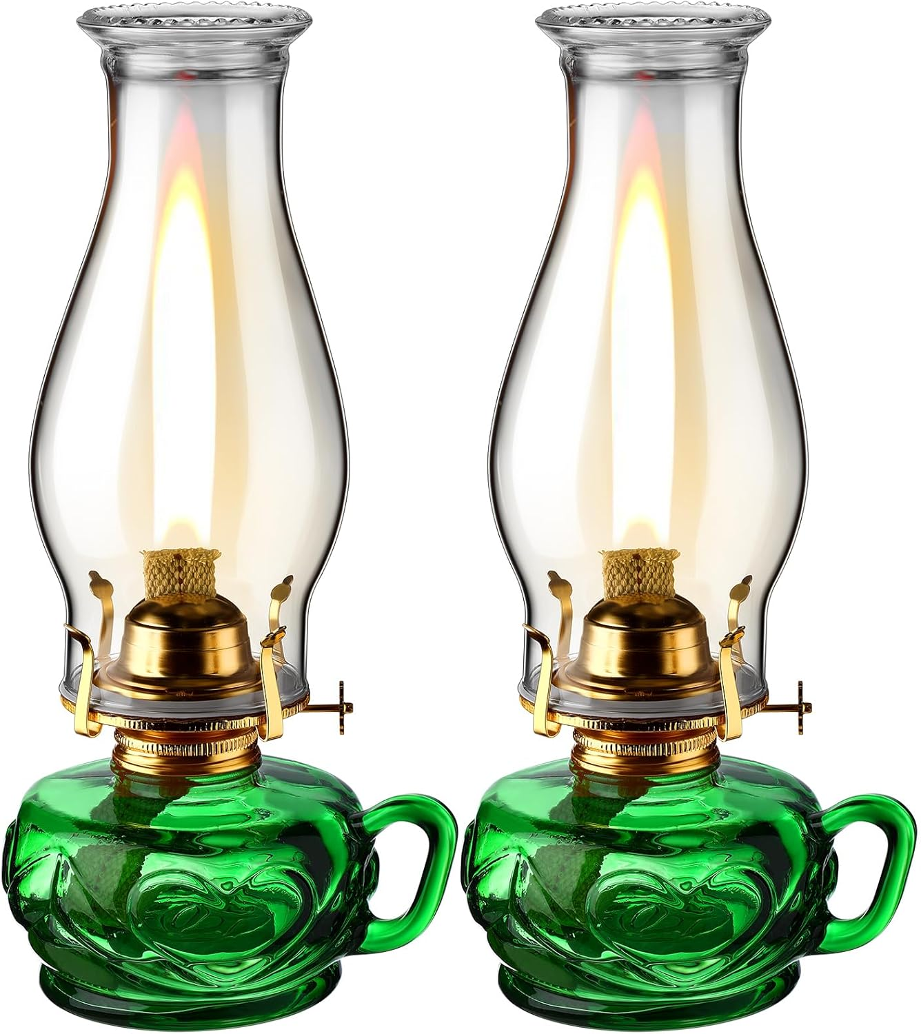 Yahenda 2 Pcs Chamber Oil Lamp Classic Kerosene Lamp Lantern Vintage Oil Lantern Decorative Antique Hurricane Lamp with Adjustable Fire Wick for Home Indoor Use, 12.6 Inch Height (Green,Gold) image number 1