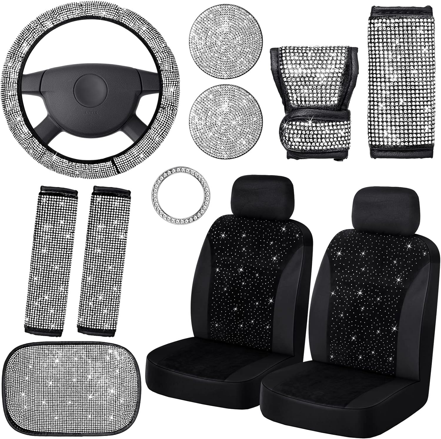 13 Pack Bling Car Seat Covers Set Car Diamond Accessories Rhinestone Crystal Steering Wheel Cover, Bling Velvet Breathable Glitter Center Console Pad Universal Car Interior (White)