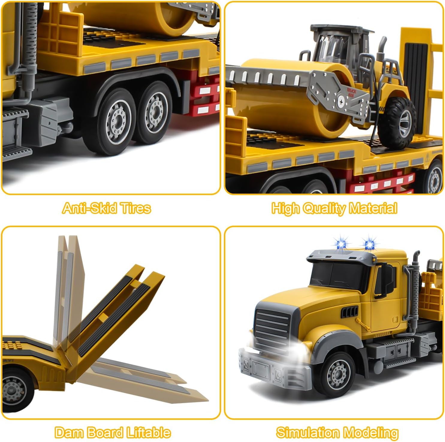 Fistone RC Semi Truck with Trailer, 1:24 RC Semi-Trailer Engineering Tractor with Sound and Lights, 2.4Ghz Remote Control Flatbed Truck with Road Roller Toys, Construction Vehicles Toy for Boys image number 1