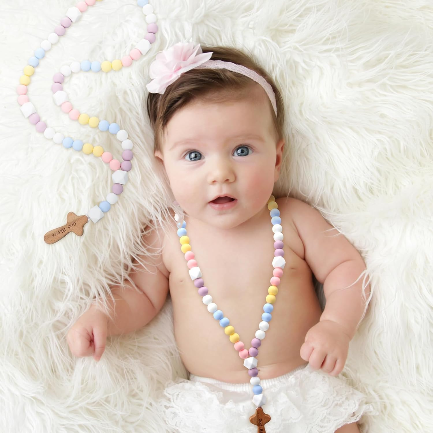 Misdary Baby Rosary Baptism Gift Silicone God Bless Kids First Rosary with Cross 1St Year Baptism Party Supply for Baby Shower Christian Communion Gifts (Multicolor,Square)