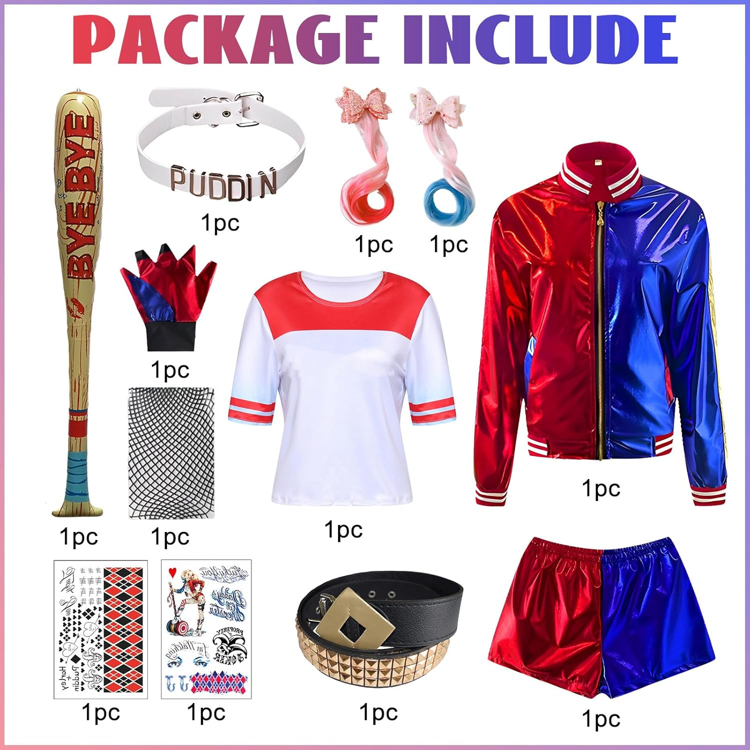 Halloween Cosplay Costumes for Women,Womens Super Villain Fancy Dress for Halloween Jacket Shorts T-Shirt Glove Collar 2 Wigs PVC Inflatable Stickers 2 Stickers for Various Costume Parties image number 4