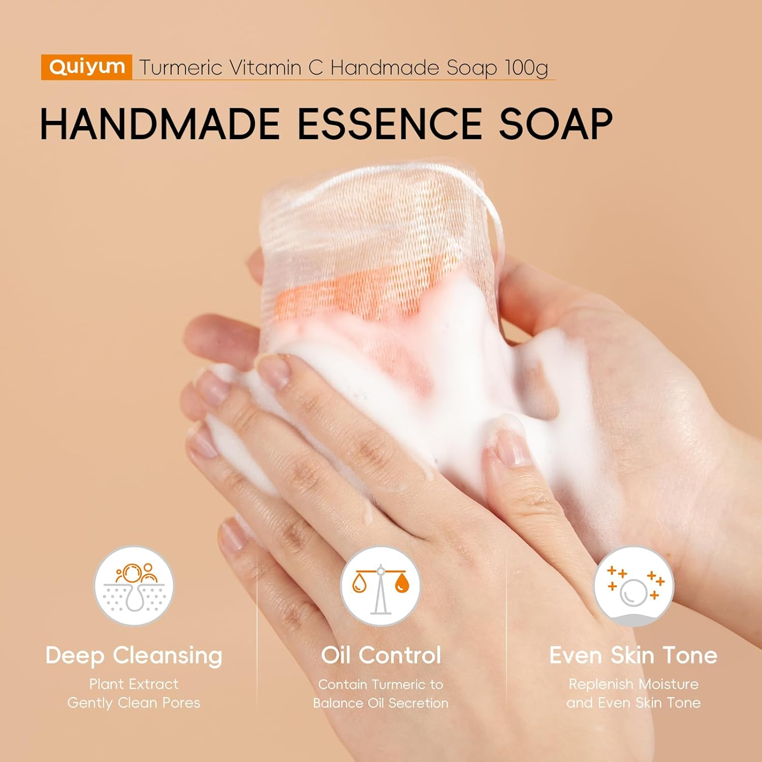 Quiyum Turmeric & Vitamin C Soap Bar (3X120G), Face & Body Cleanser with Aloe Vera, Vitamin E, Collagen & Hyaluronic Acid for Even Skin Tone, Dark Spot, Acne & Smooth Skin, with a Foaming Net image number 3
