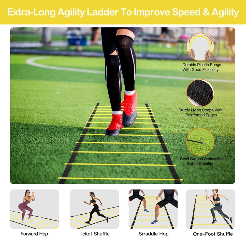 Speed & Agility Training Set&ndash;20Ft Adjustable Agility Ladder, 12 Disc Cones, 1 Jump Rope, 1 Resistance Umbrella&ndash;Ideal for Football, Basketball, Fitness Training for Kids, Youth, Adults image number 4