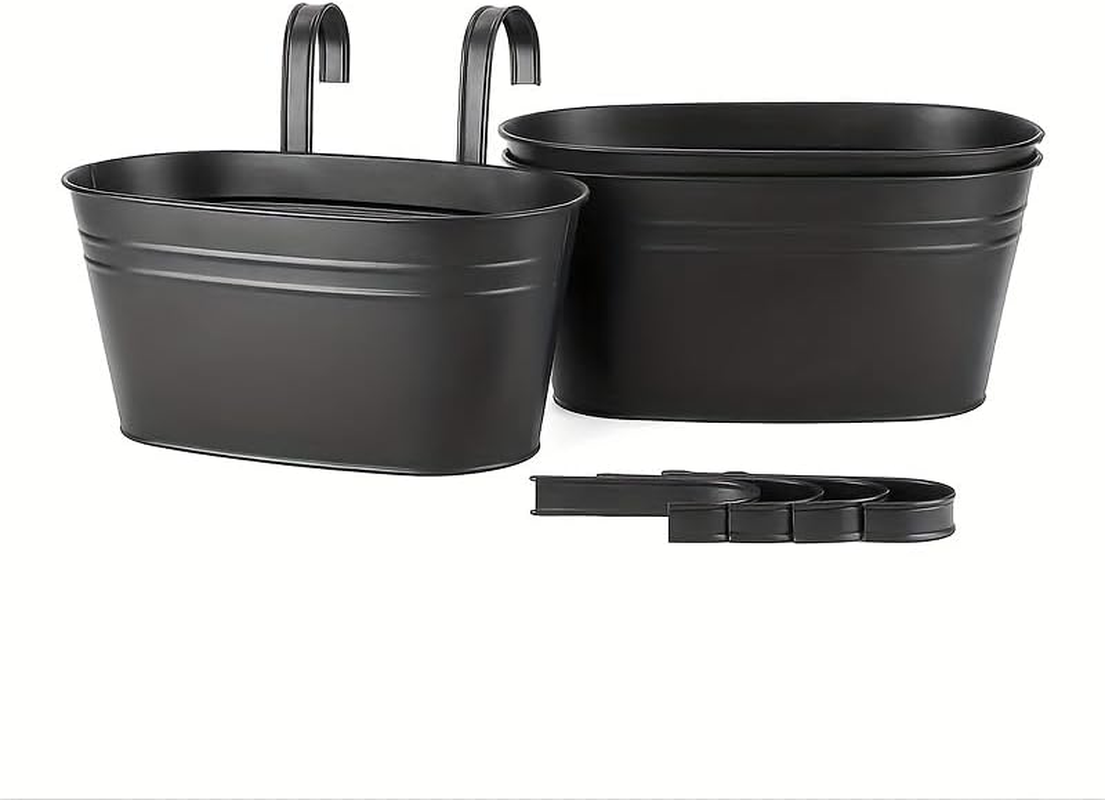 Hanging Metal Flower Pots with Detachable Hooks &ndash; 5 Pack Outdoor Balcony Planters with Drainage Holes for Garden, Fence, and Porch Decoration (Black) image number 2