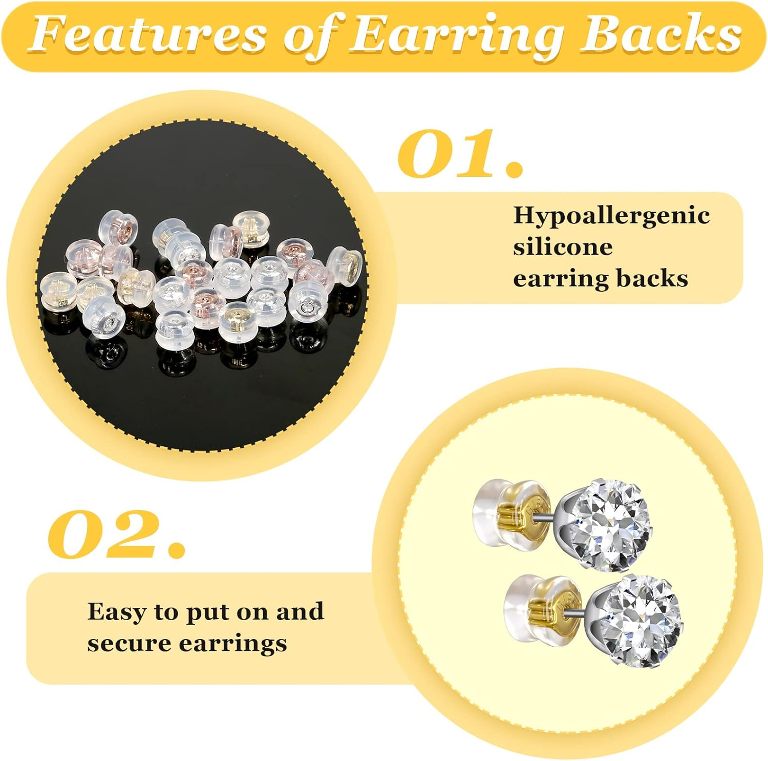 24 Pcs Silicone Earring Backs, 18K Gold Locking Secure Earring Backs for Studs Droopy Fish Hook Heavy, 12 Pairs Hypoallergenic Comfy Soft Earring Stoppers Replacement Clear for Adults Teens image number 3