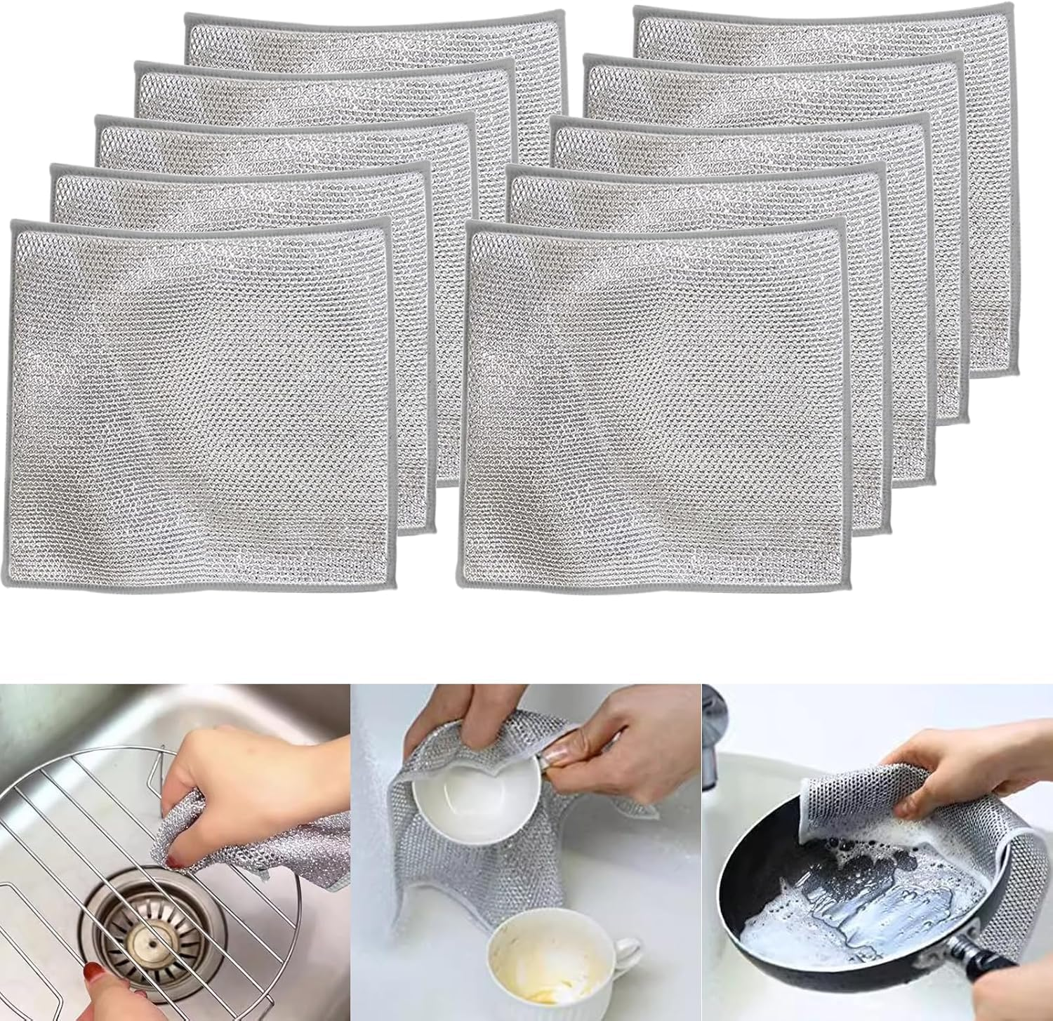 10 Pcs Double Stainless Steel Scrubber,Mesh Microfiber Cleaning Cloth,Wire Cleaning Cloths,Non-Scratch Wire Dish Cloth,Steel Wool for Dish,Metal Dish Rags for Dishes, Counters, Stove image number 4