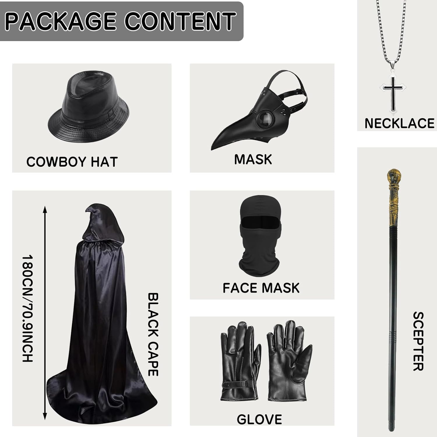 Plague Doctor Costume, Black Plague Doctor Costume Set with Mask Cloak Hat Scepter Necklace Gloves, Halloween Costume Cosplay image number 5