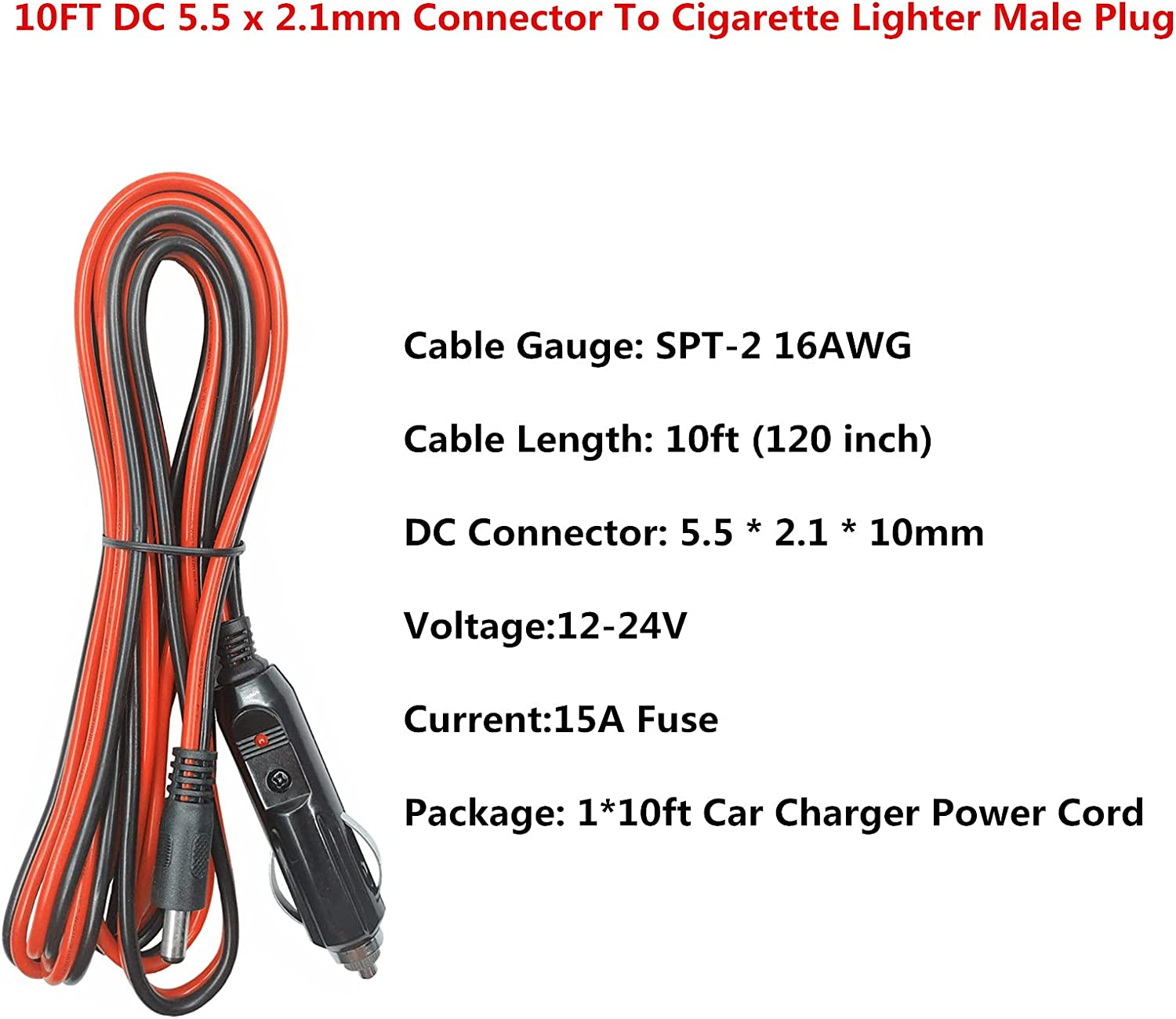 DC 5.5 X 2.1Mm Connector Car Charger Power Supply Cord 10Ft - 12V 24V Cigarette Lighter Male Plug with LED Light 16AWG Wire 15A Fuse for Portable DVD Player, Car, Camera image number 5