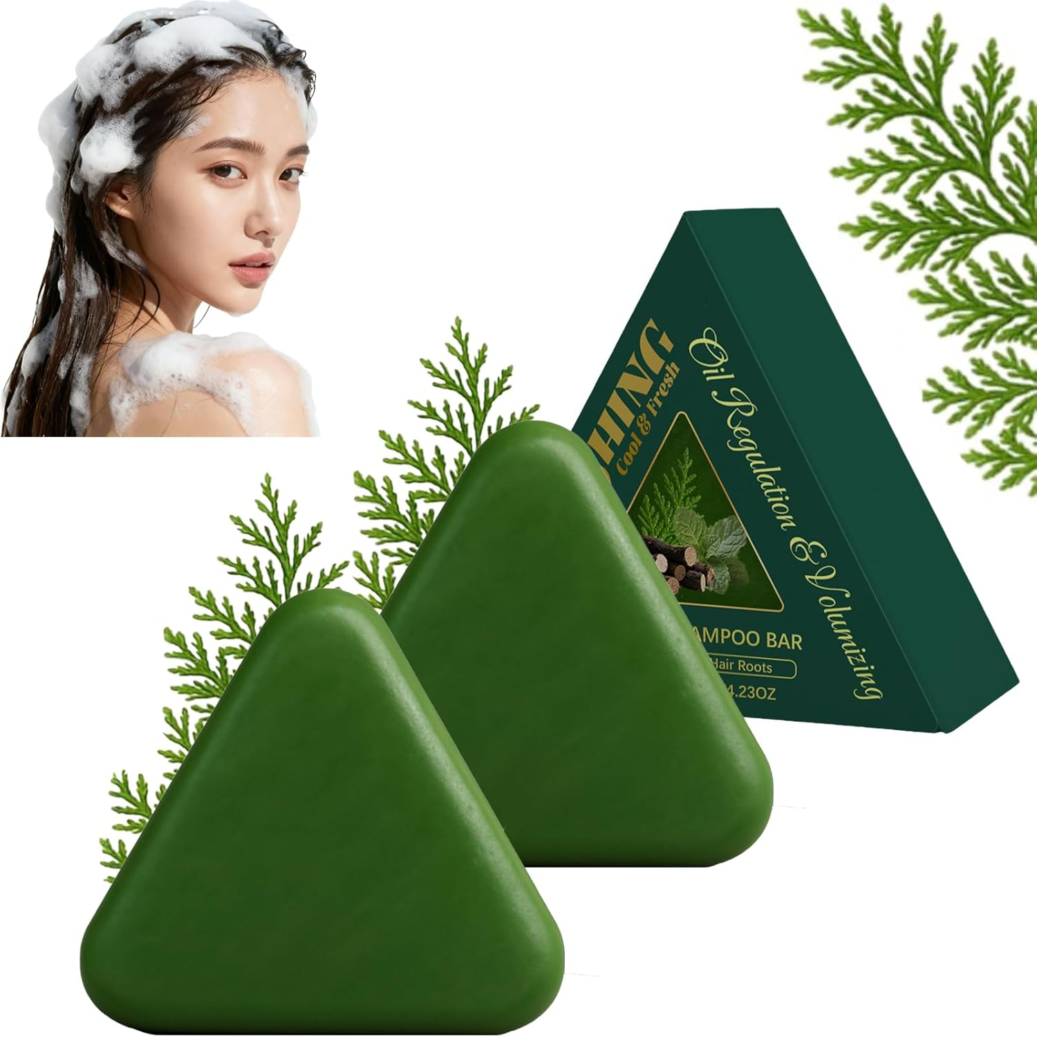 Cypress Leaf Hair Soap Nature Triangle Shampoo Bar, Triangle Green Shampoo Bar, Gentle Cleansing, Calming & Strengthens Hair, Plant-Based Solid Soap for Women & Men, Improve Frizziness (2Pcs)