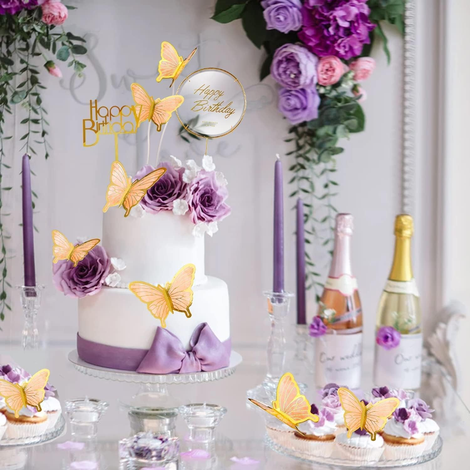Butterfly Cake Topper 3D Purple Pink Butterfly Cupcake Topper Happy Birthday Decorations for Women Girls Birthday Cake Wedding Party Food Decor Supplies.